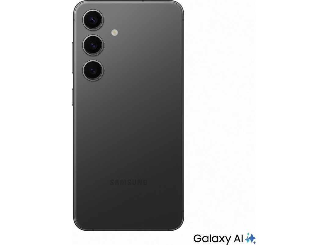Üç kameralı koyu renkli Samsung Galaxy AI akıllı telefonun arkası.