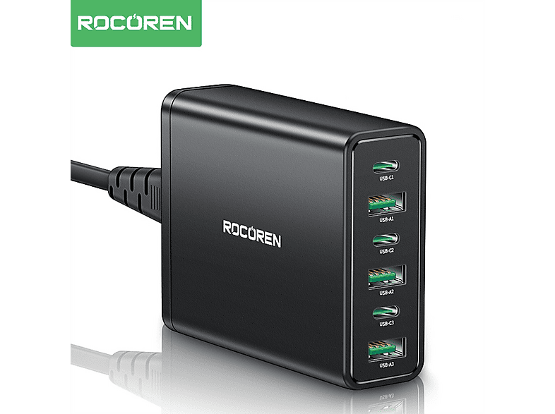ROCOREN 60 W 3xType-C ve 3xUSB-A 6 Portlu Masaüstü Şarj İstasyonu Siyah