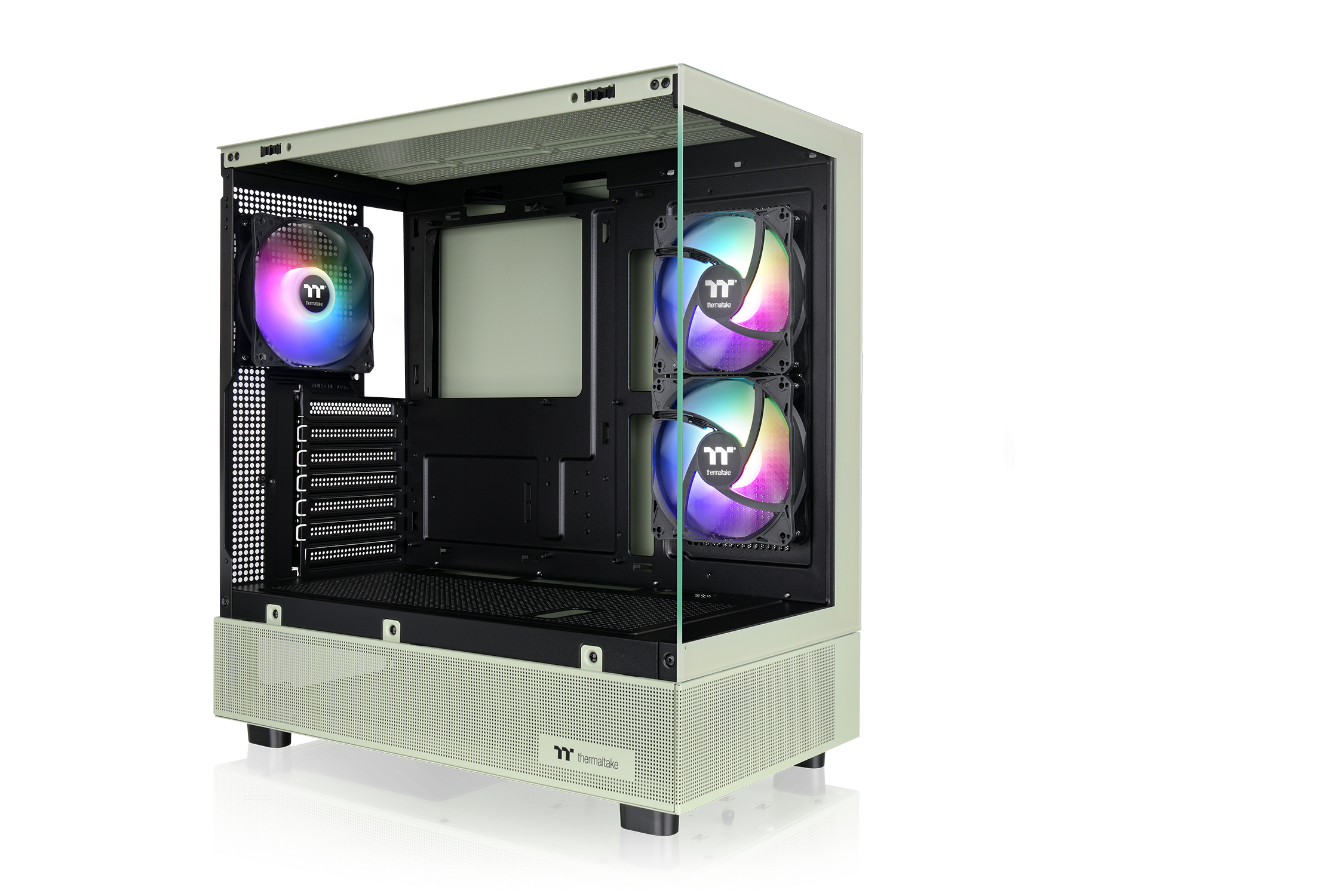 Un case PC verde chiaro con pannello laterale trasparente, ventole RGB e frontale traforato.