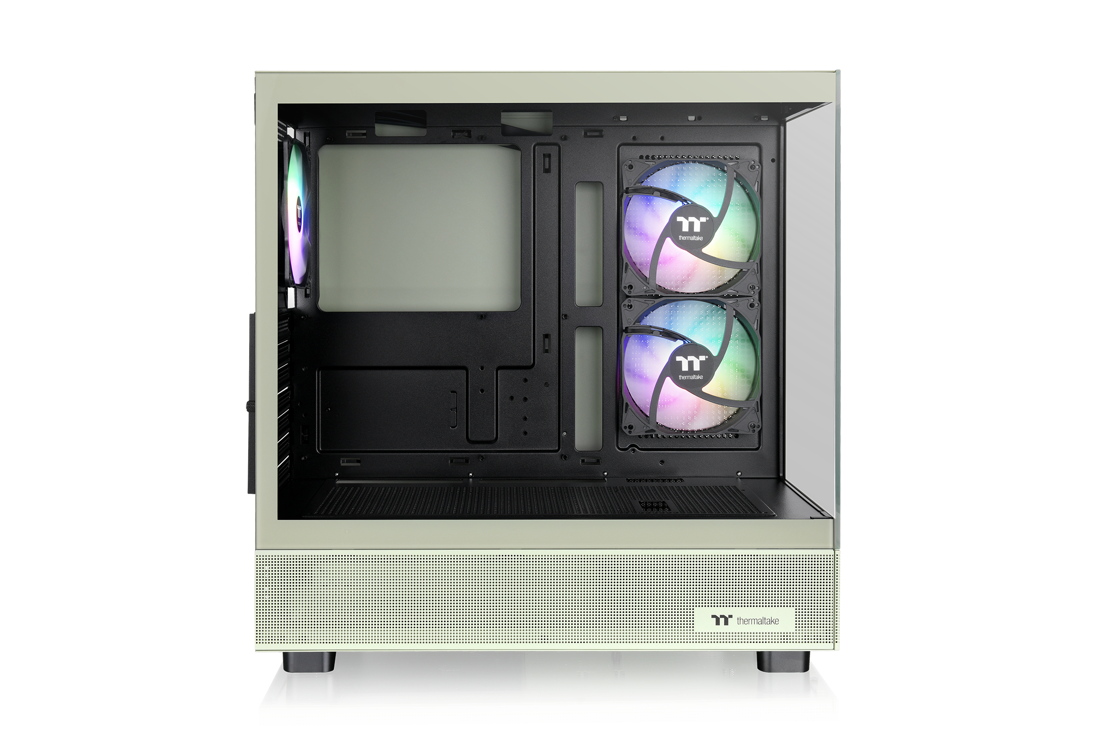 Un case per computer verde chiaro con ventole illuminate e frontale in vetro.