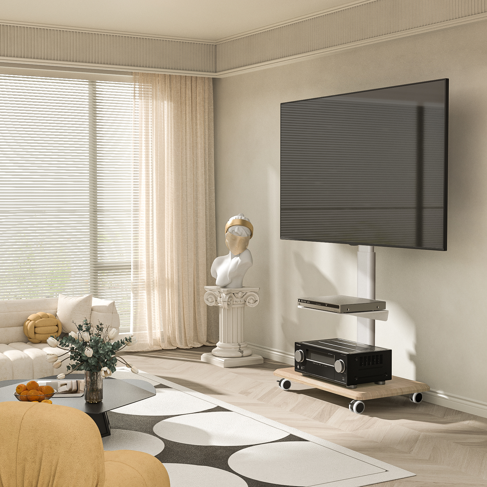 Modernes Wohnzimmer mit Wand-TV, Sofa, Skulptur und Teppich.
