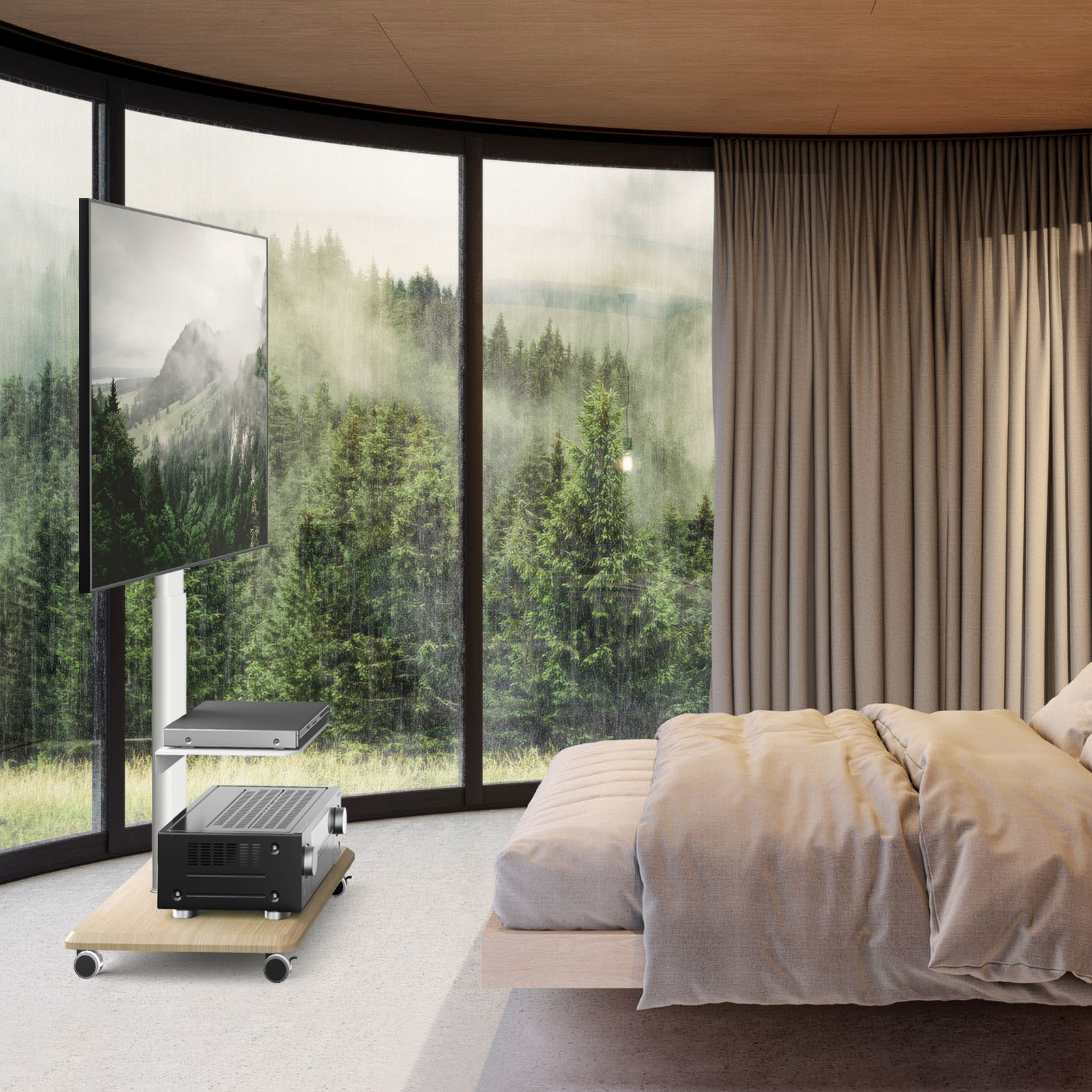 Ein moderner Raum mit großem Fenster, Bett und TV-Ständer mit Geräten.
