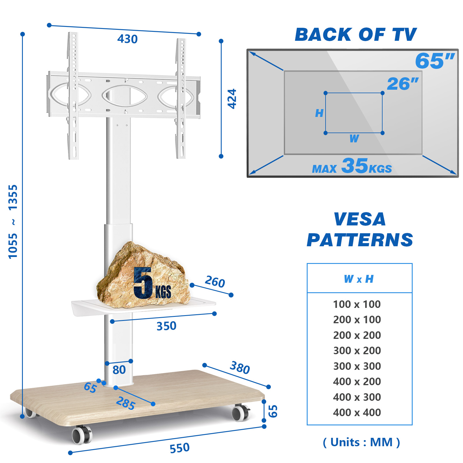 Ein weißer TV-Ständer mit Maßen, 5 kg Gewicht und VESA-Mustern.