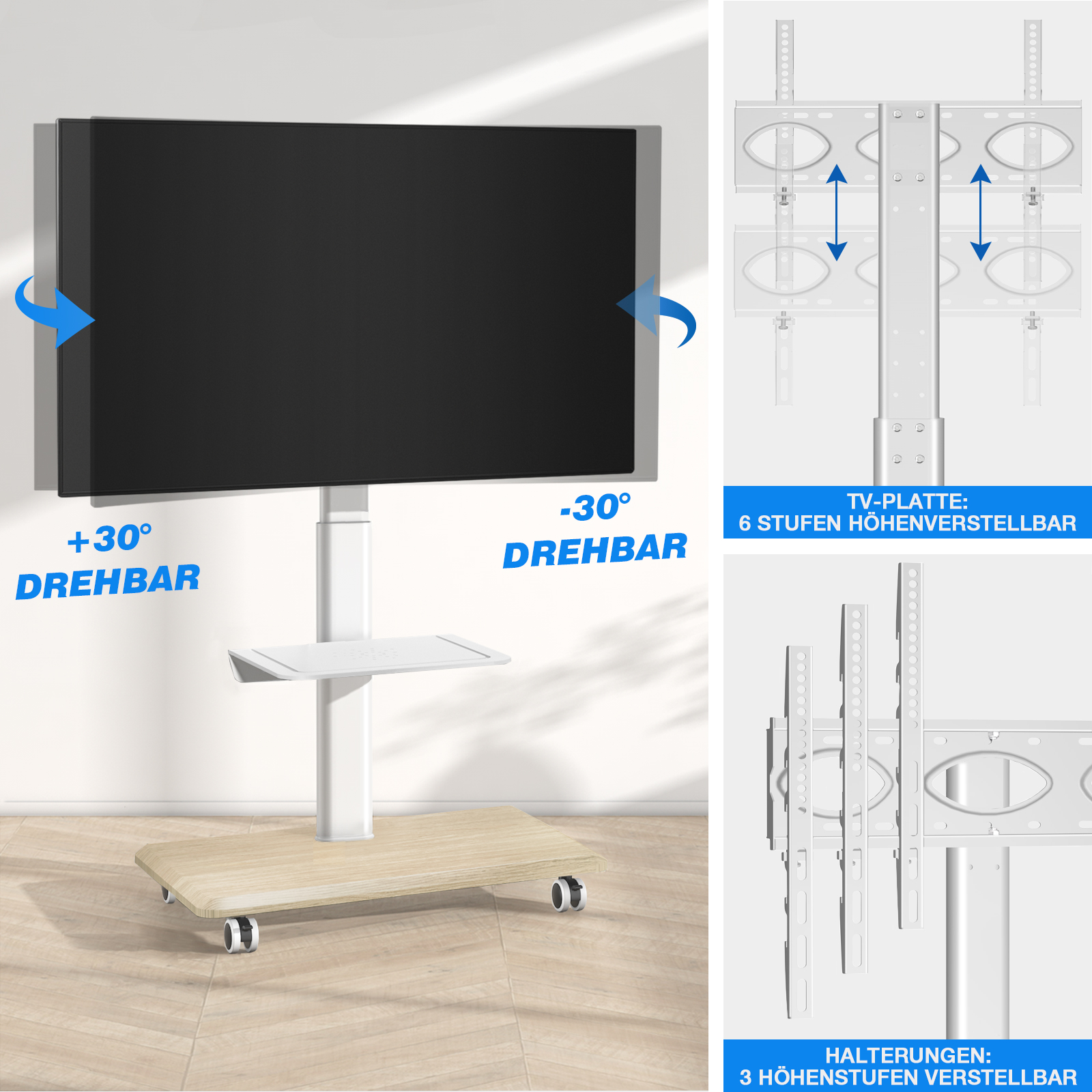 Ein drehbarer TV-Ständer mit verstellbarer Halterung und Ablage.