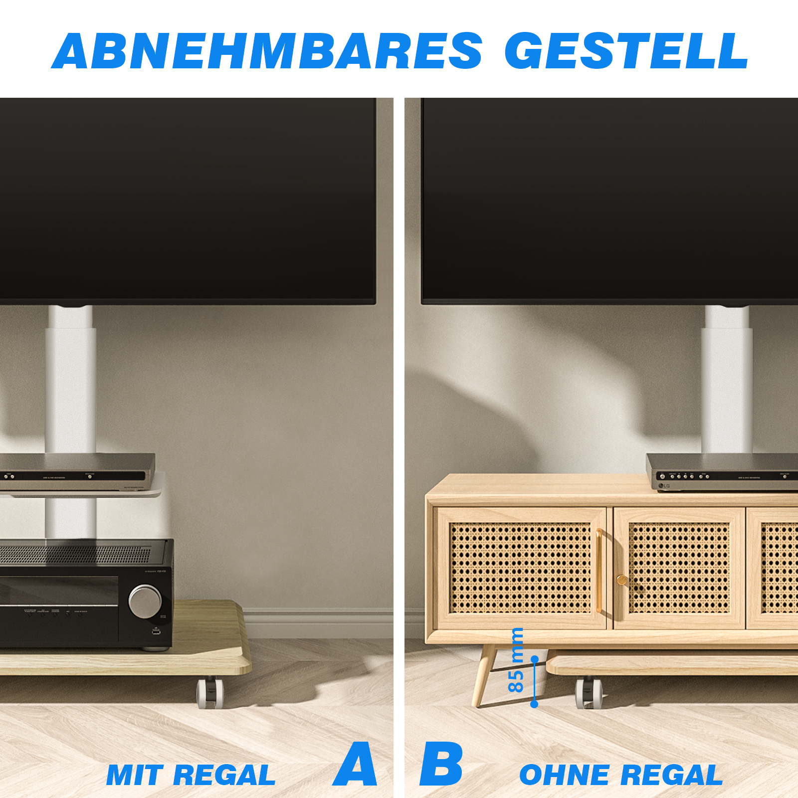 Zwei TV-Ständer, einer mit Regal, einer ohne. Beide mit Fernsehern.