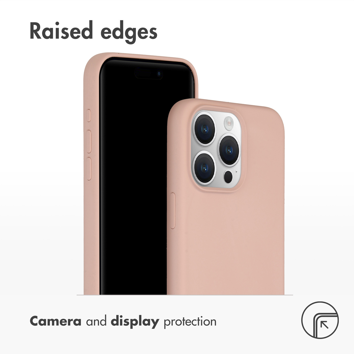 Twee iPhones in roze hoesjes, de ene met camera, de andere met schermbescherming.