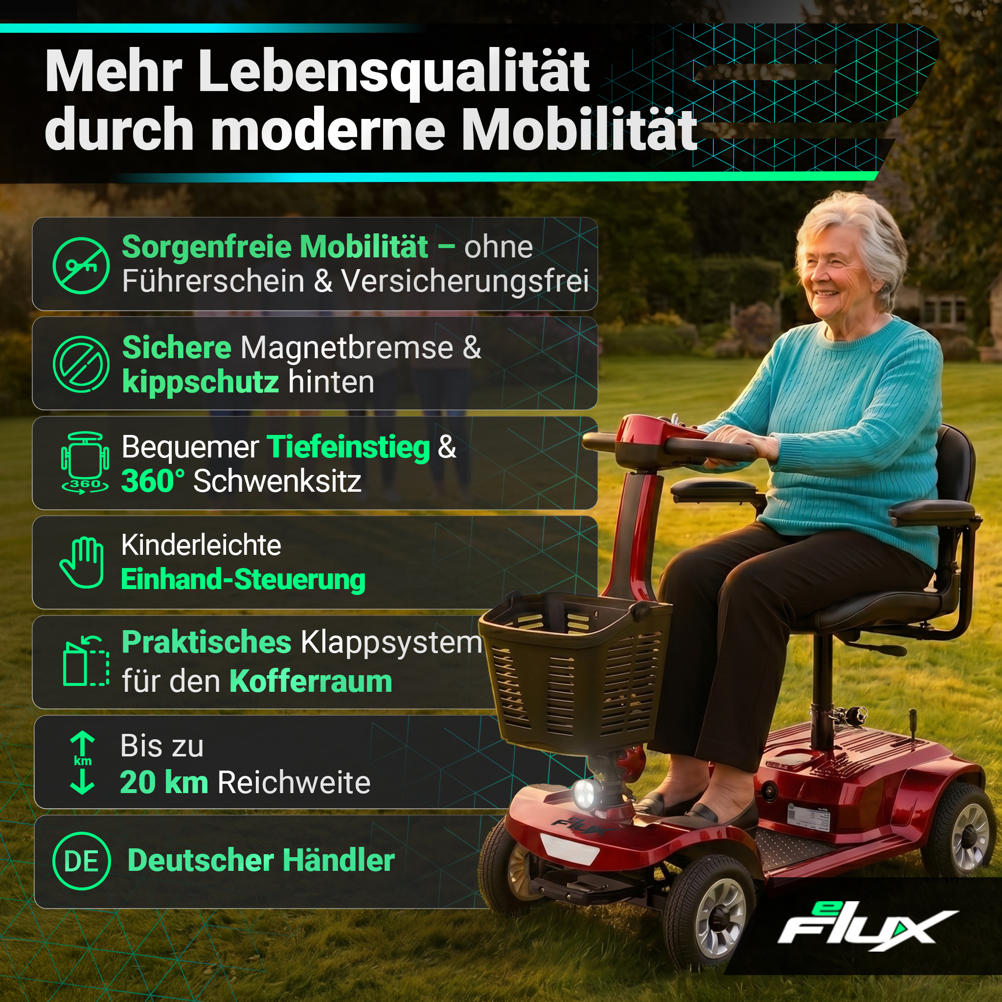Eine ältere Frau fährt einen roten Elektromobil im Freien auf einer grünen Wiese.