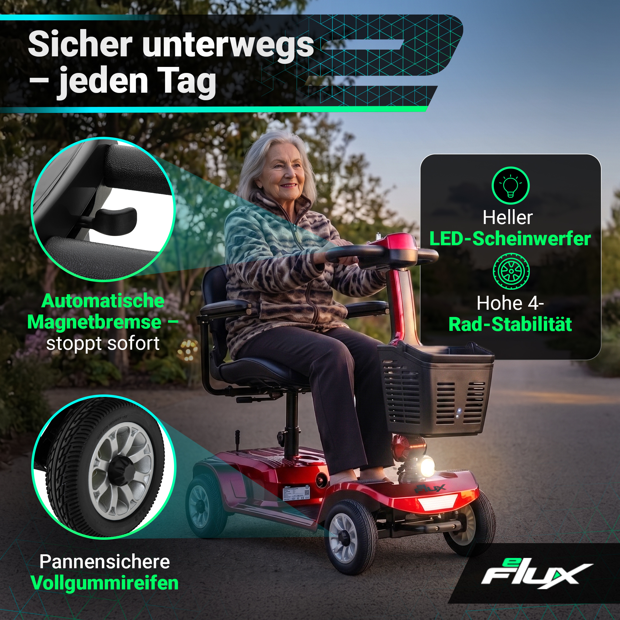 Ältere Dame fährt roten Elektroscooter im Freien, mit Text über Funktionen.