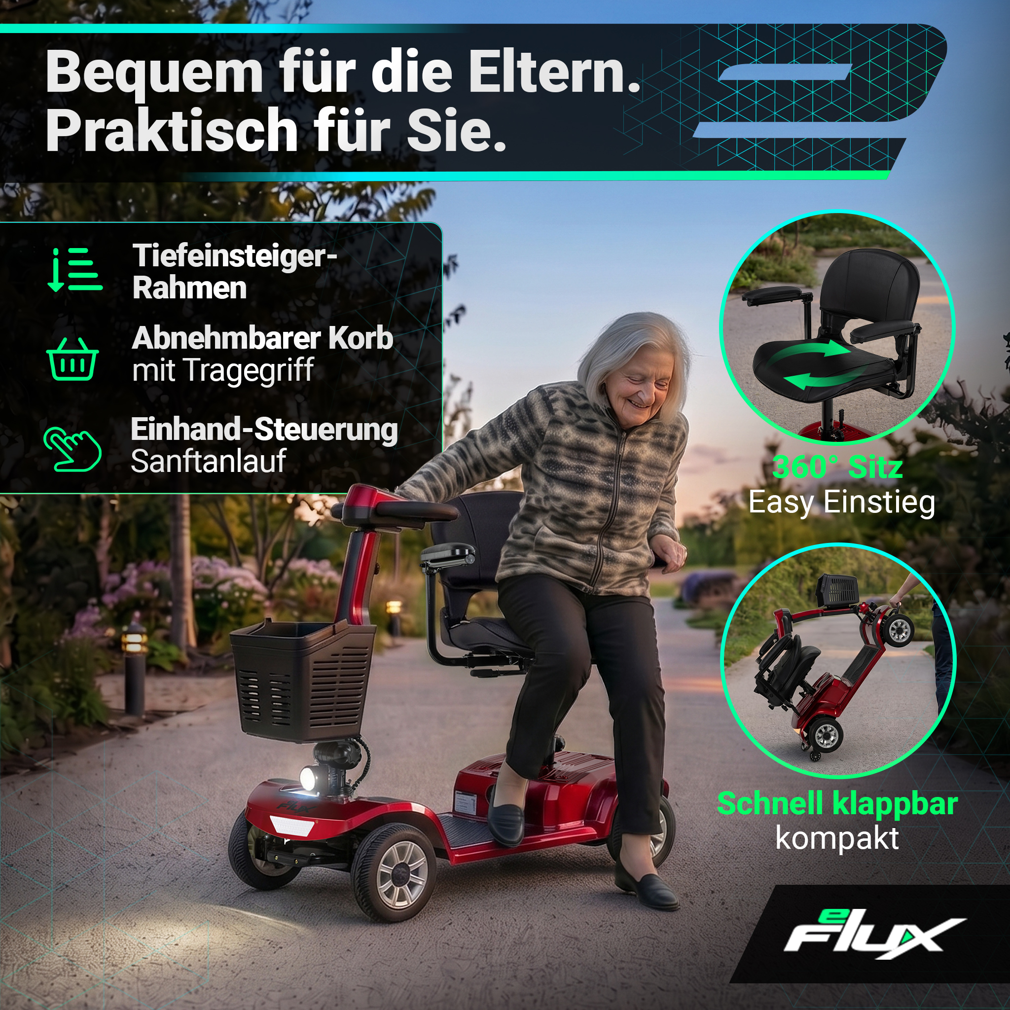 Ältere Frau fährt einen roten Elektromobil im Freien, mit Nahaufnahmen von Merkmalen.
