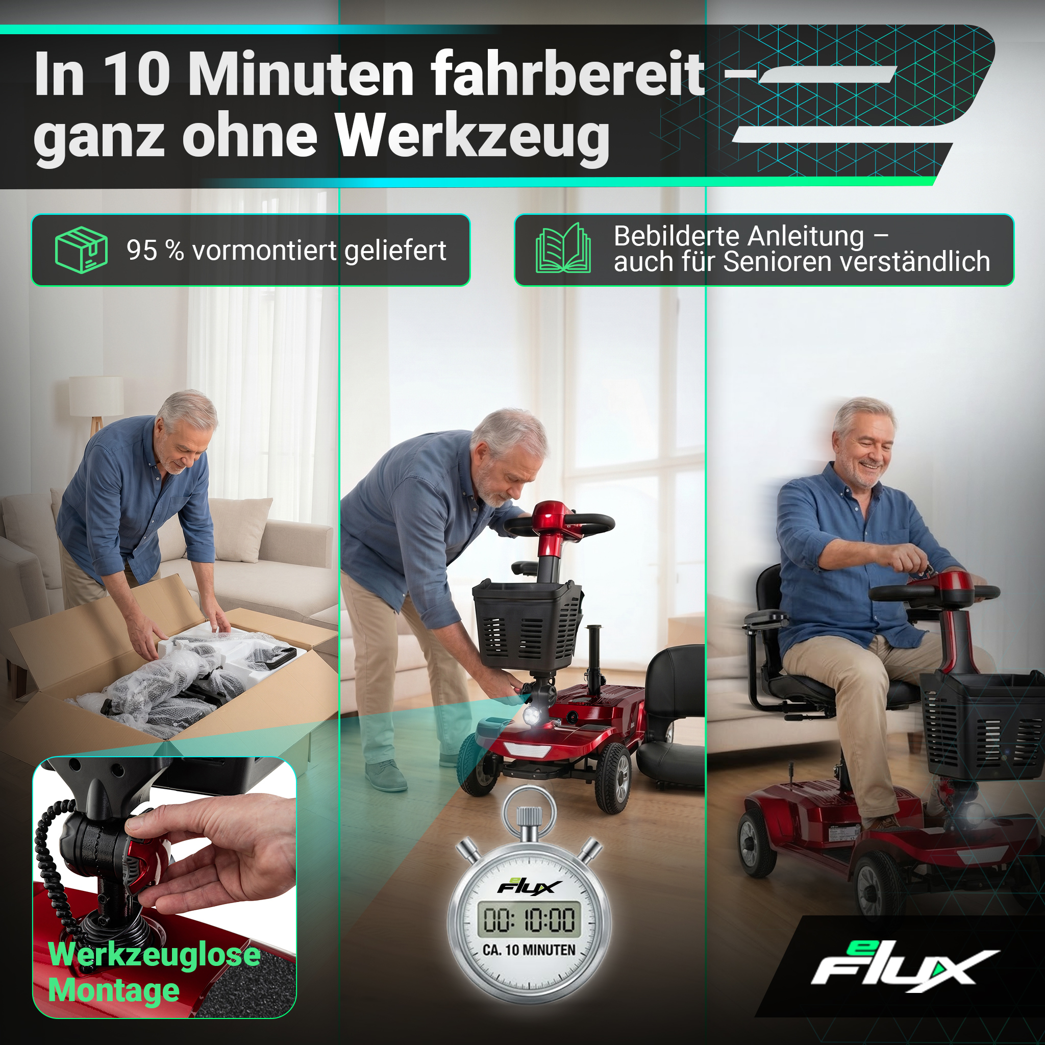 Ein älterer Mann packt einen roten Elektrorollstuhl aus und montiert ihn werkzeuglos.