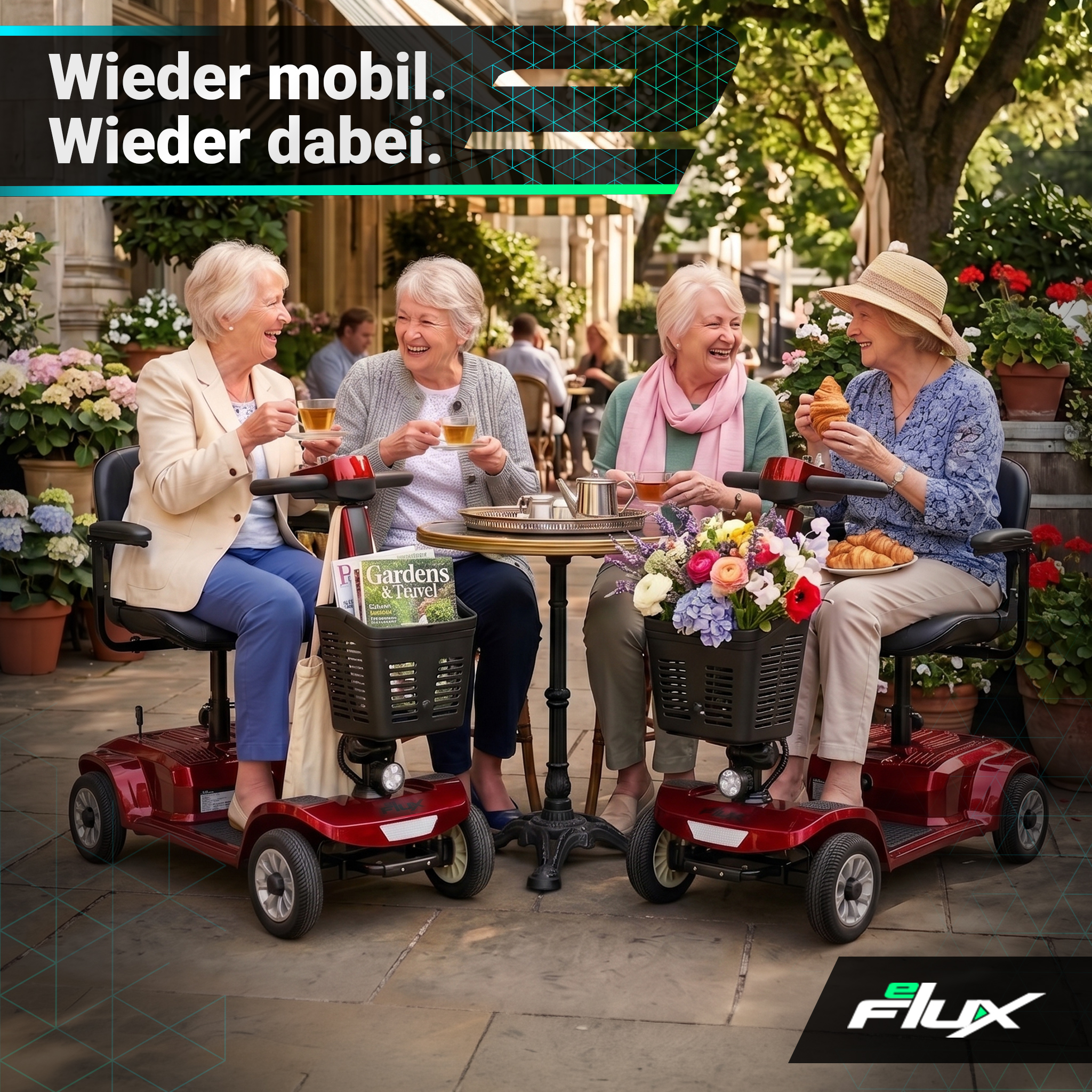 Vier ältere Damen sitzen auf Rollern an einem Tisch im Freien und trinken Tee.