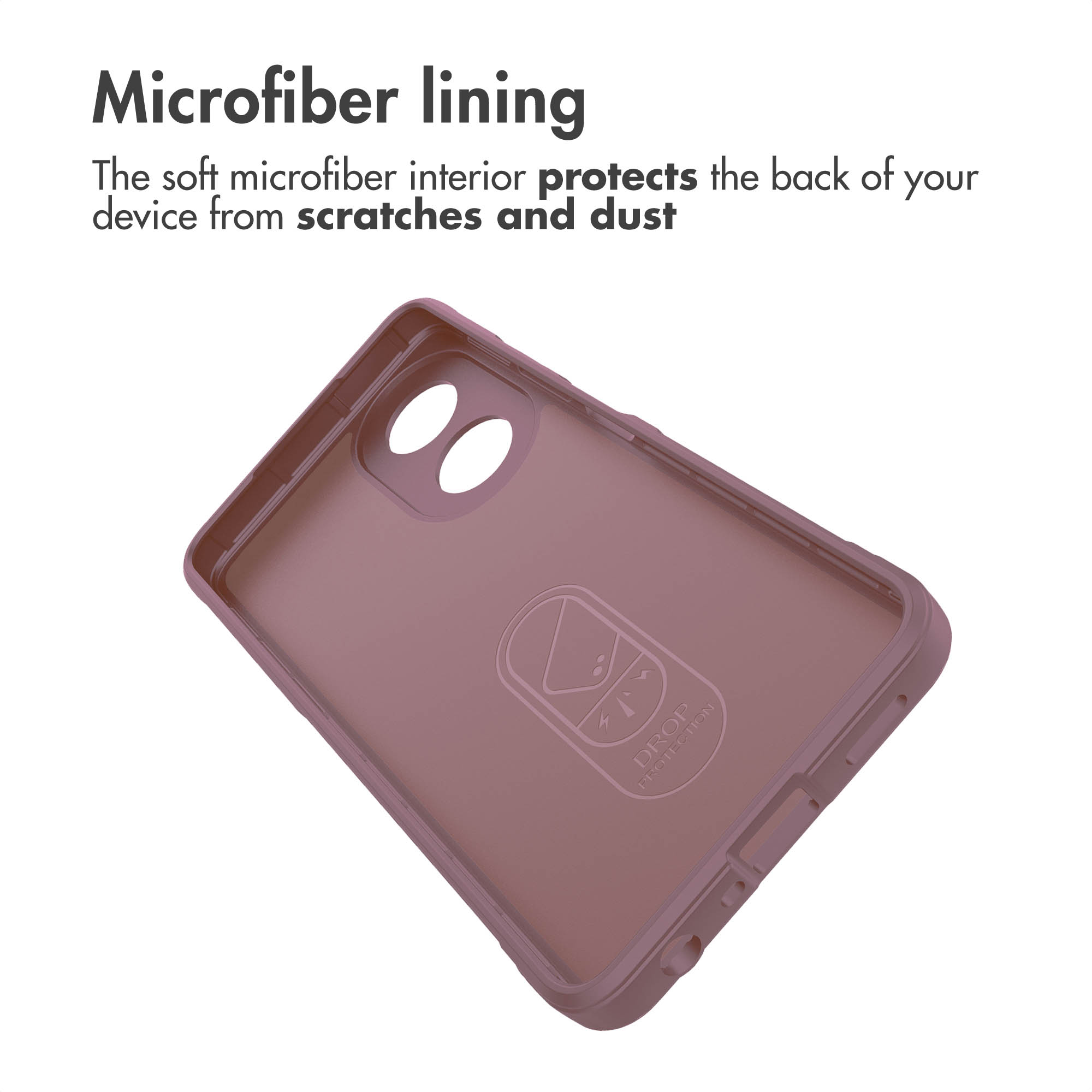 Interno di custodia per telefono malva con fodera in microfibra e logo protezione.