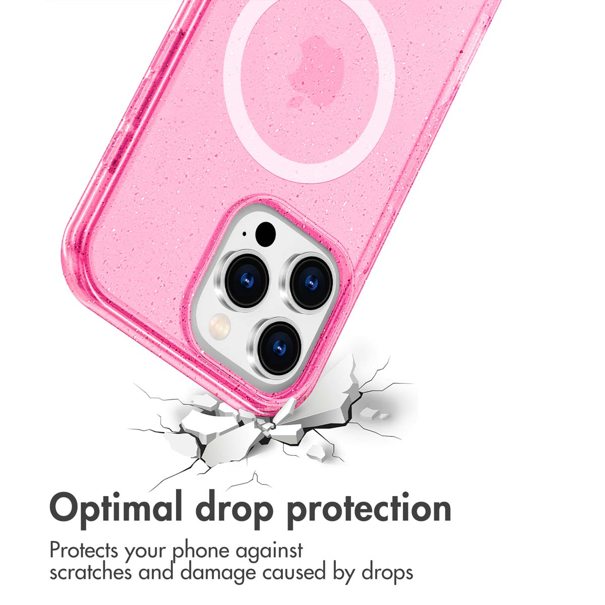 Pink glitter phone case with camera bump, showing drop protection.