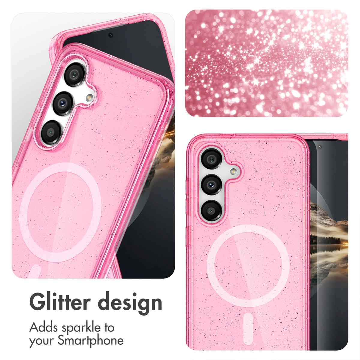 Pink glitter phone case, close up on camera and magnetic ring.