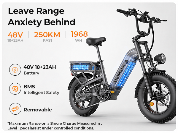 Graues E-Bike mit durchsichtigem Akku, Text über Reichweite, Batterie, BMS.