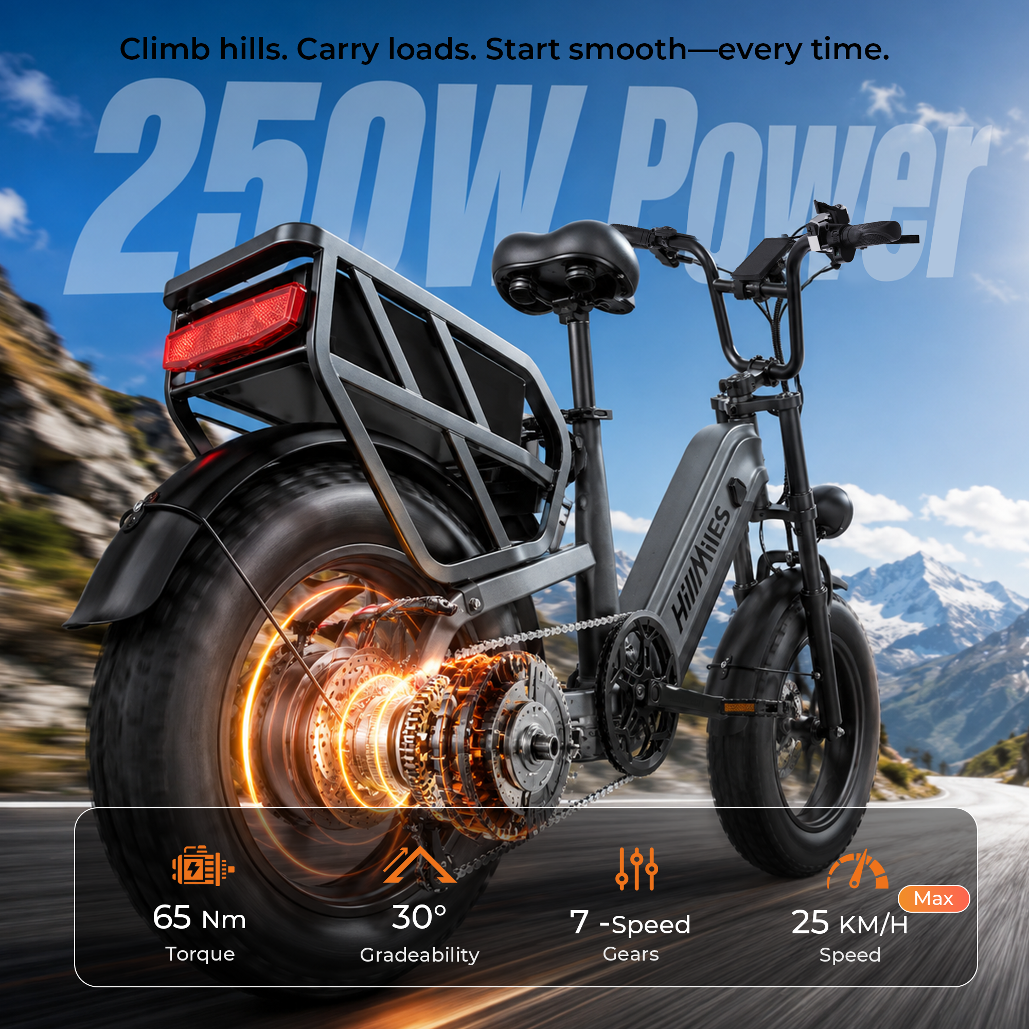 Ein schwarzes E-Bike auf einer Bergstraße mit verschneiten Gipfeln im Hintergrund.