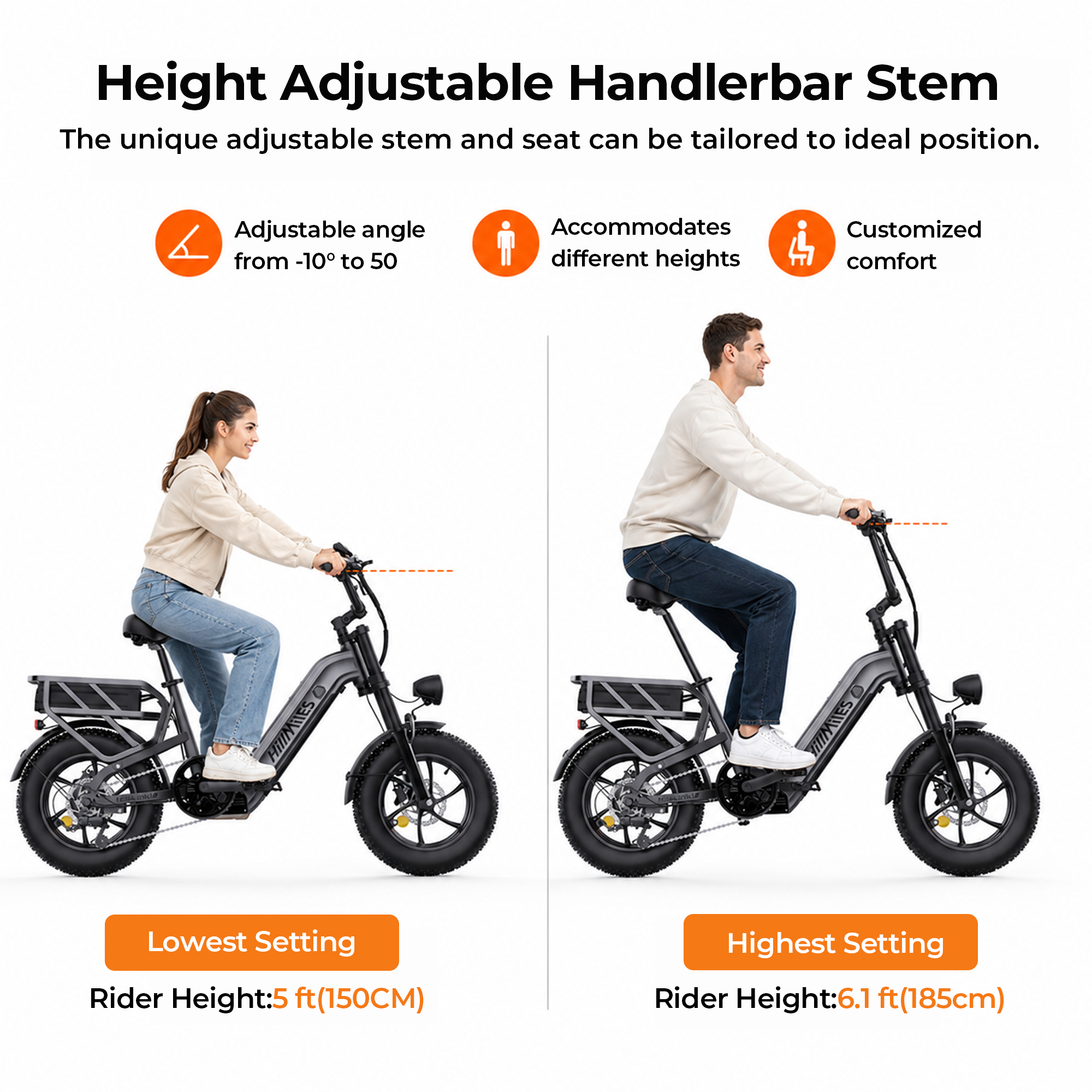 Zwei Personen auf E-Bikes, eine bei niedrigster Einstellung (152cm) und eine bei höchster (185cm).