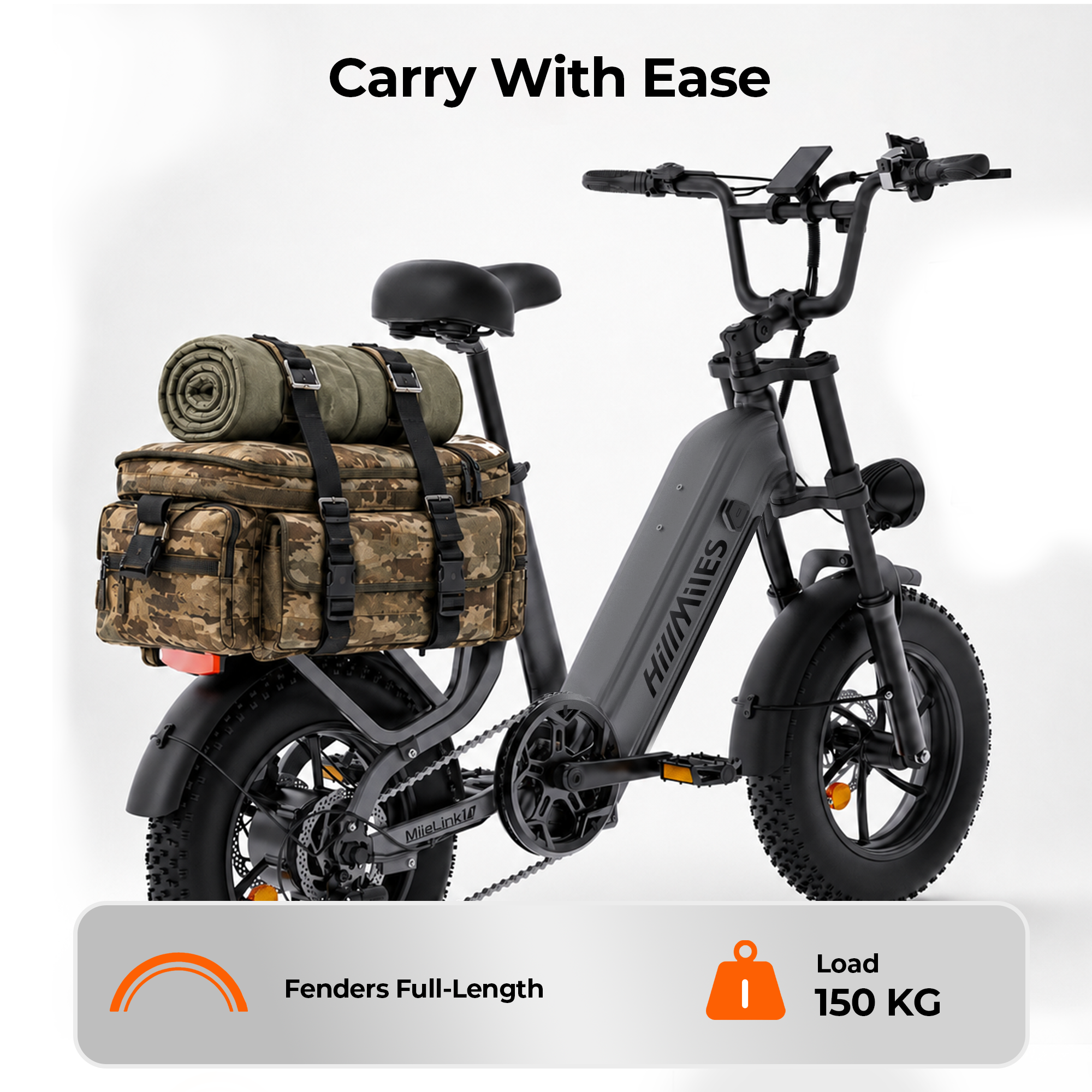Graues E-Bike mit Tarnrucksack und aufgerolltem Zelt, weißen Hintergrund.
