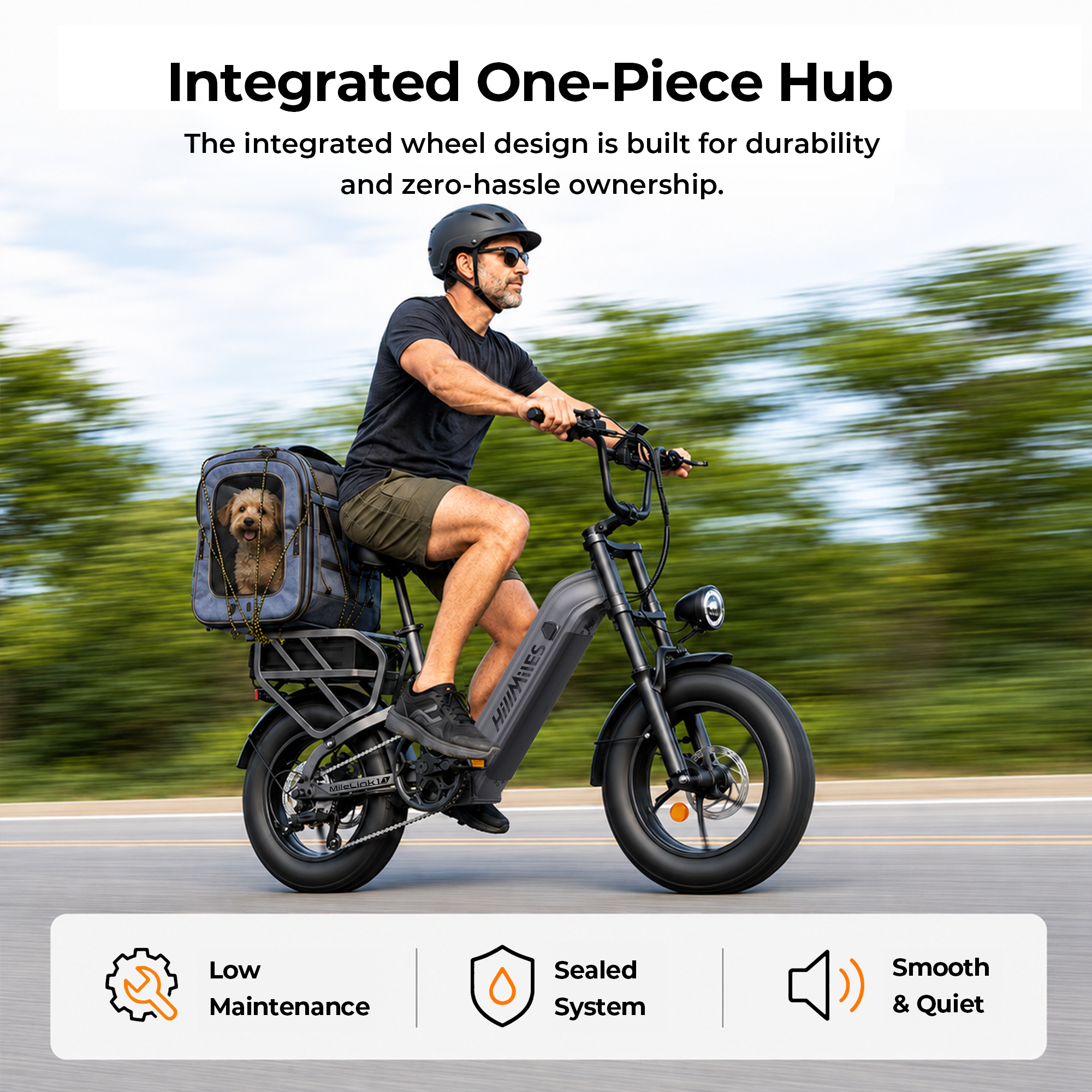 Ein Mann fährt ein E-Bike mit einem Hund im Korb. Text über integrierte Nabe.