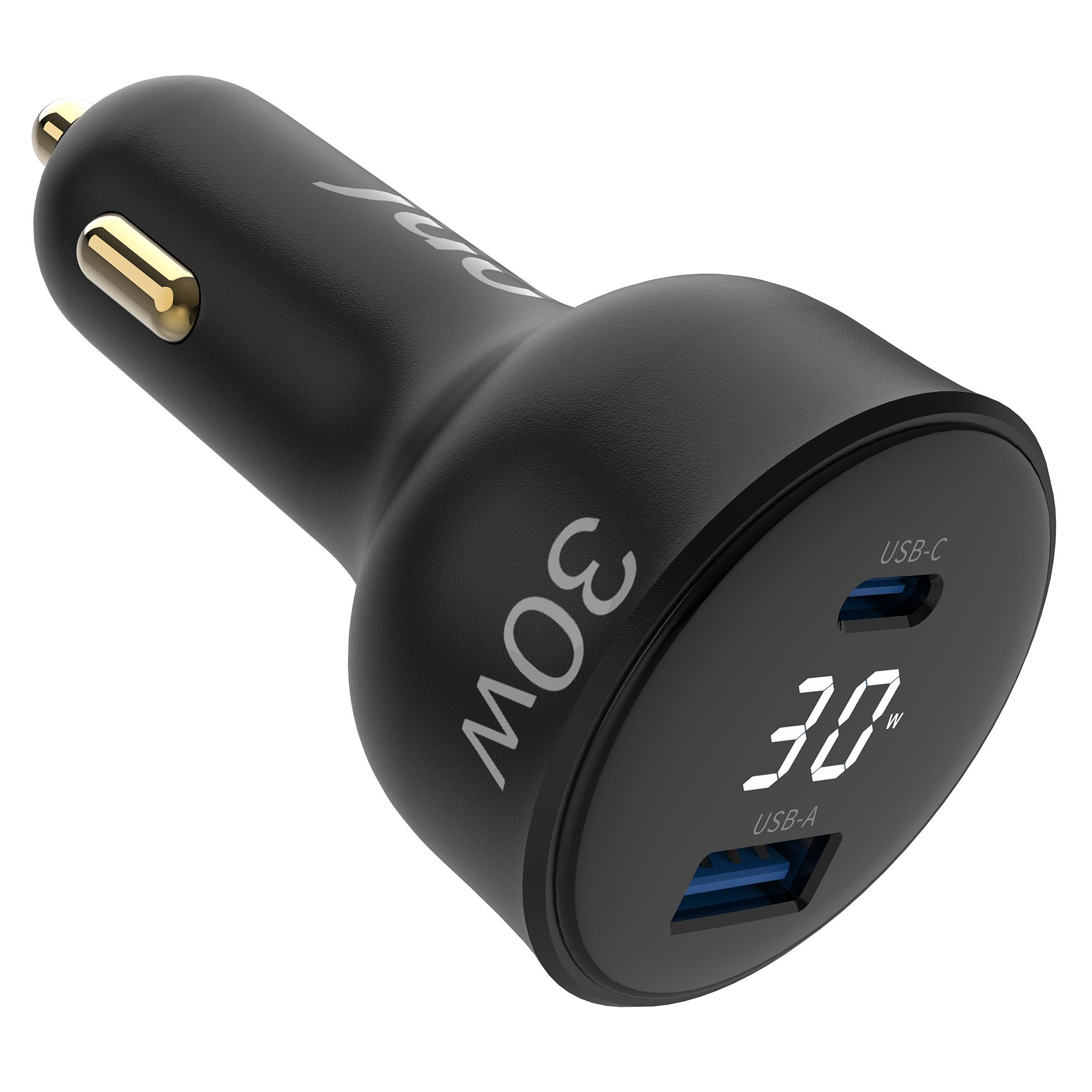 30W ekranlı, USB-C ve USB-A portlu siyah araç USB şarj cihazı.