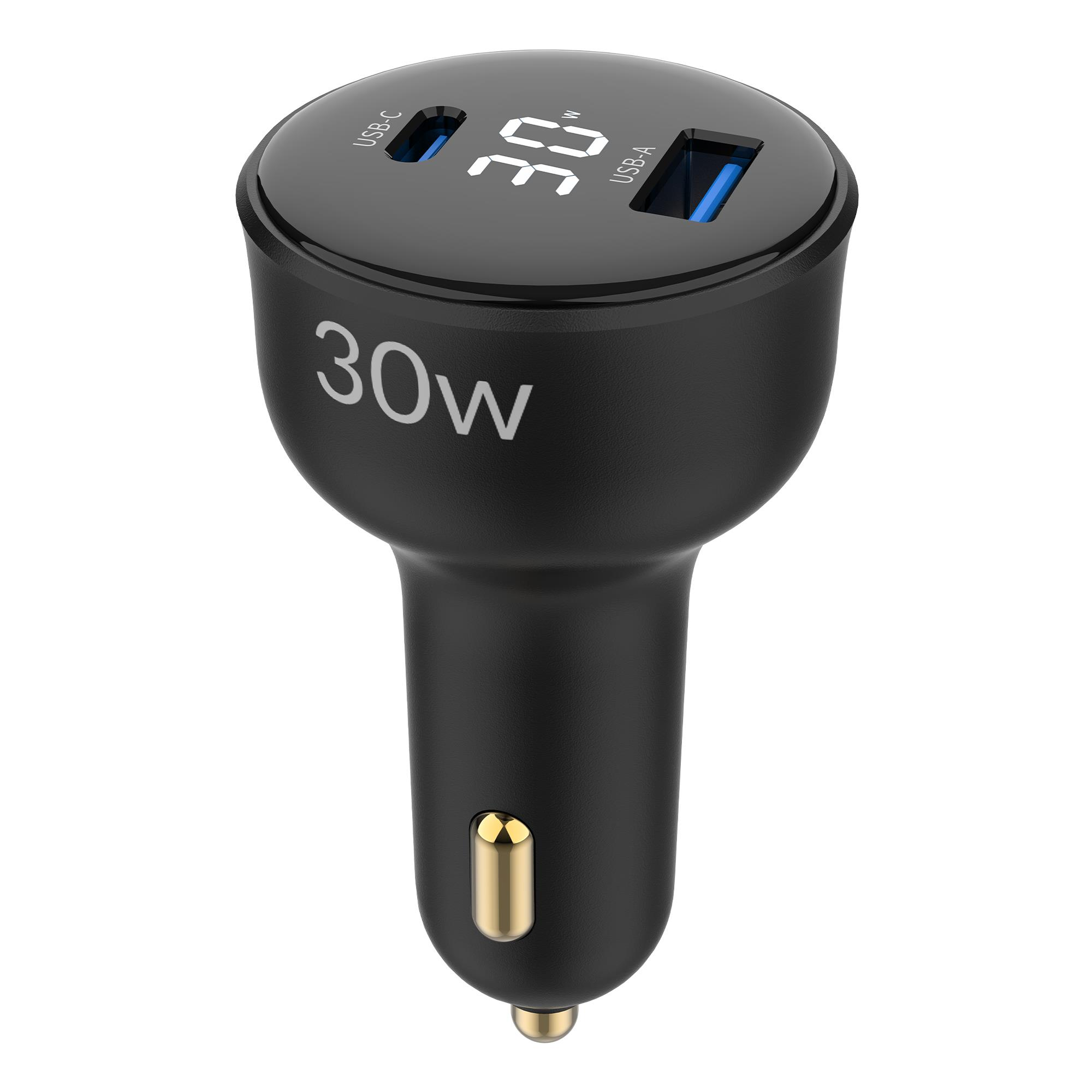 İki USB bağlantı noktasına ve dijital 30W ekrana sahip siyah araç şarj adaptörü.