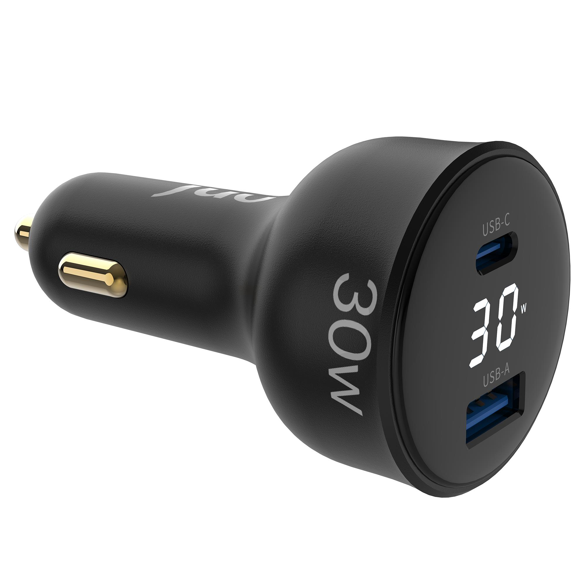 USB-C ve USB-A bağlantı noktalarına ve 30W ekrana sahip siyah araç şarj cihazı.