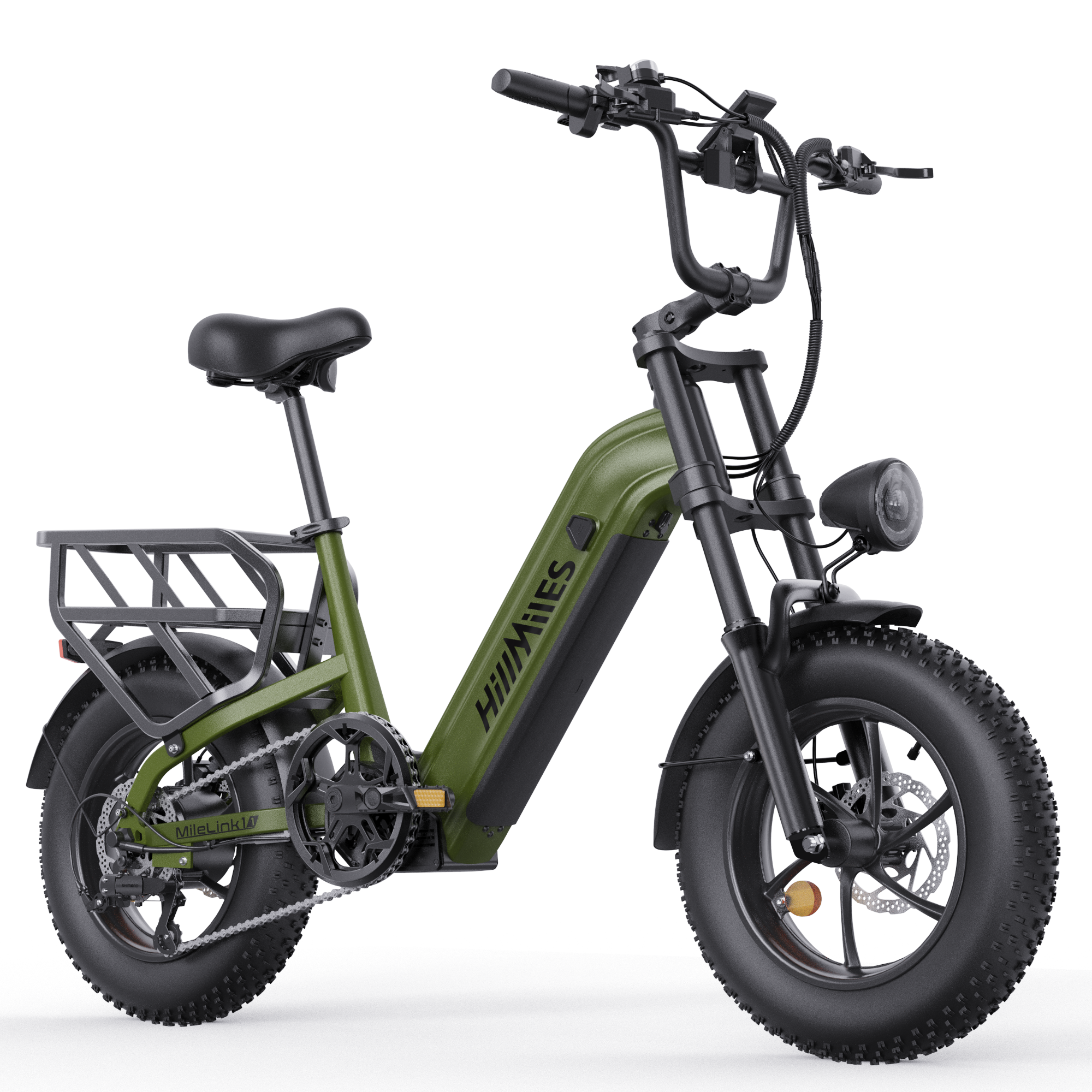 Grünes E-Bike mit fetten Reifen, Gepäckträger hinten und vorderem Scheinwerfer.