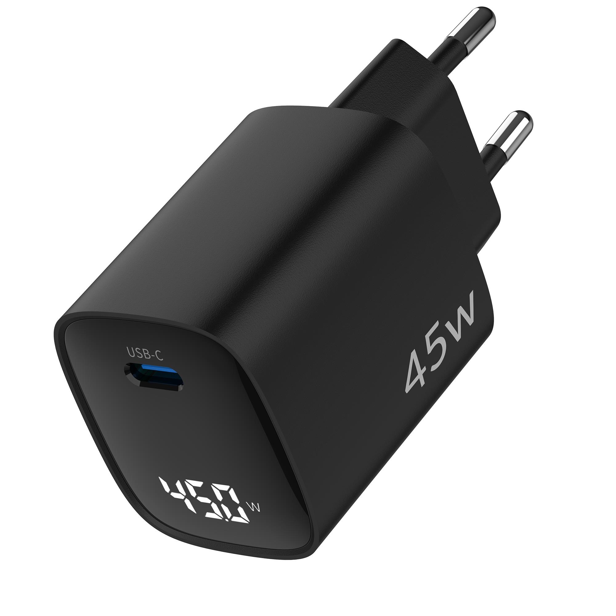 45W ekranlı ve AB fişli siyah USB-C şarj cihazı.