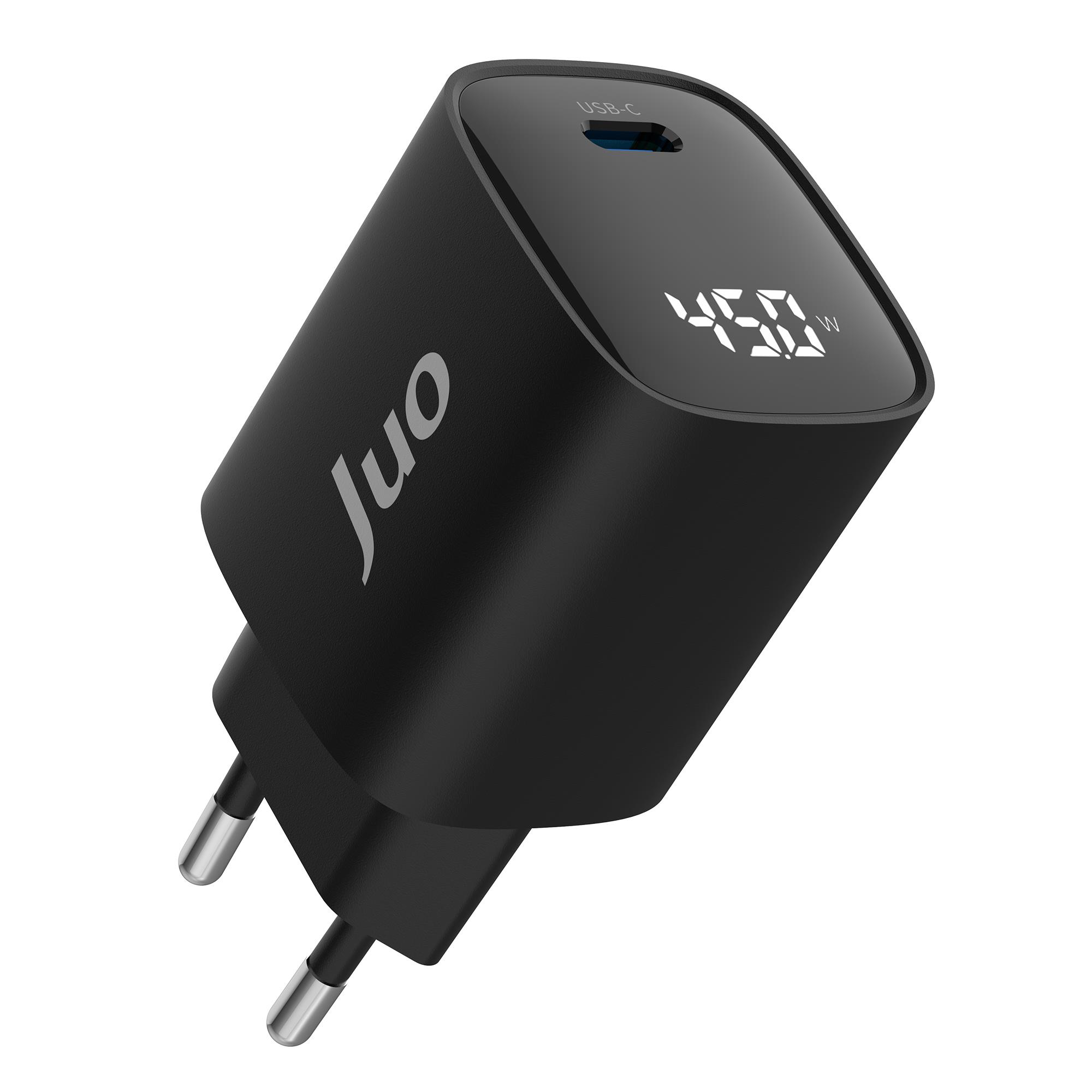 'Juo' logolu, 45W ekranlı siyah USB-C şarj cihazı.
