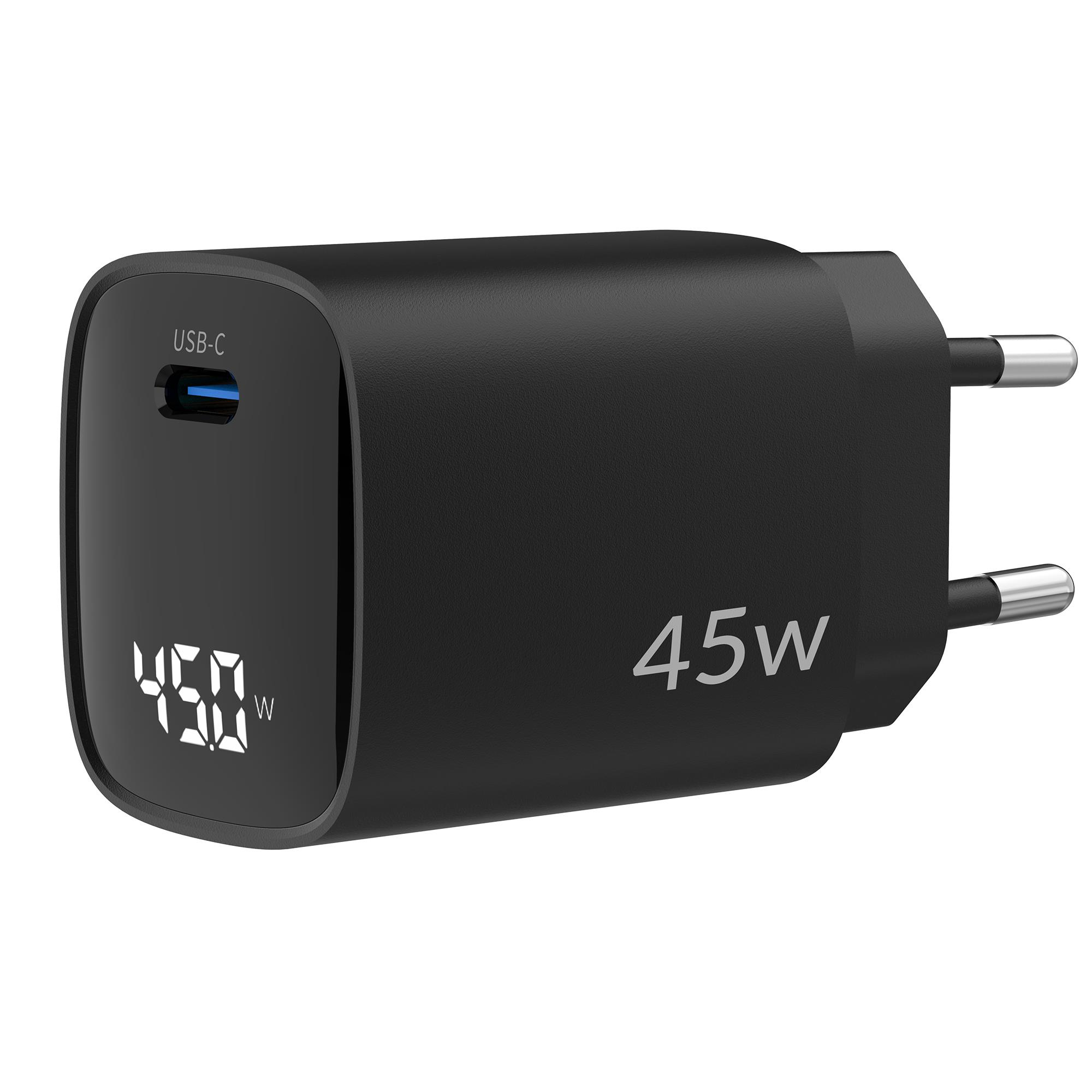 45W ekranlı ve dijital rakamlı siyah USB-C şarj cihazı.
