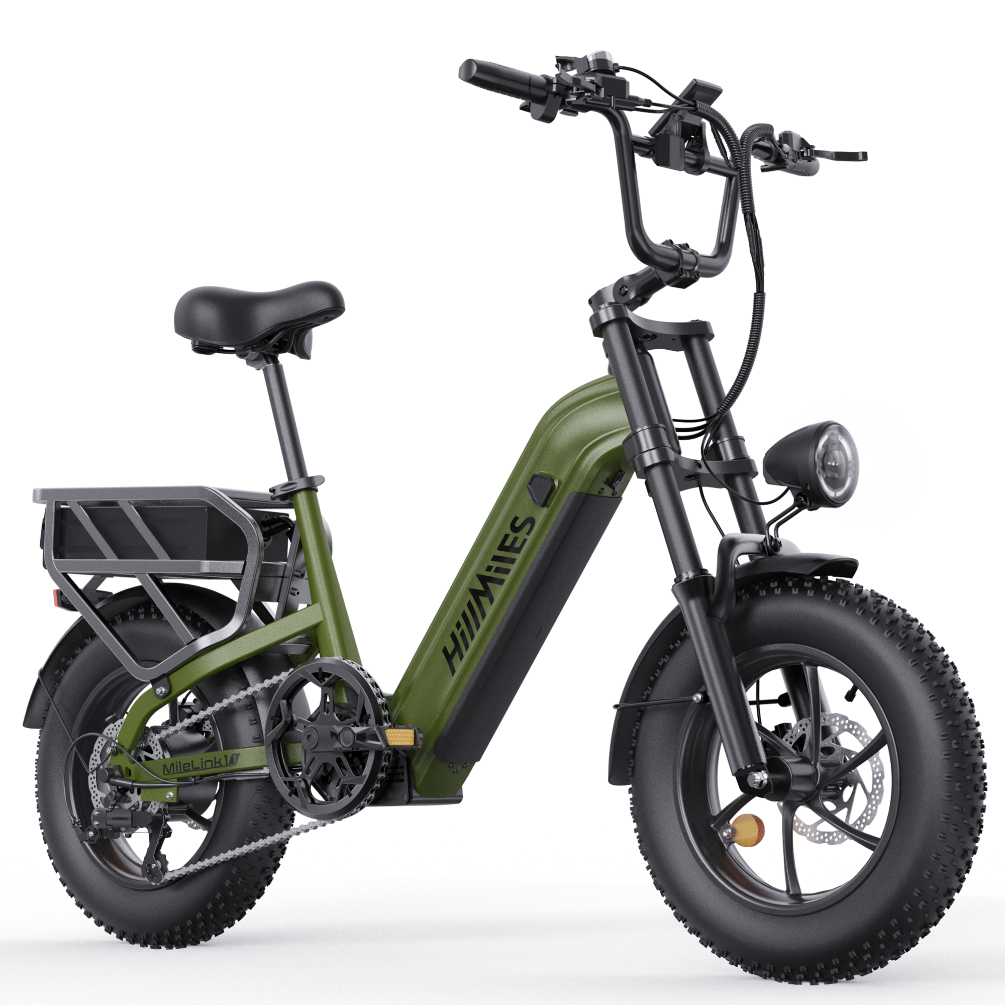 Grünes E-Bike mit breiten Reifen, Gepäckträger und Scheinwerfer.