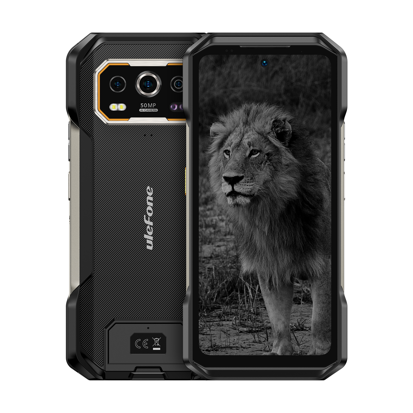 Smartphone robusto con fotocamera da 50MP, che mostra un leone sul suo schermo.