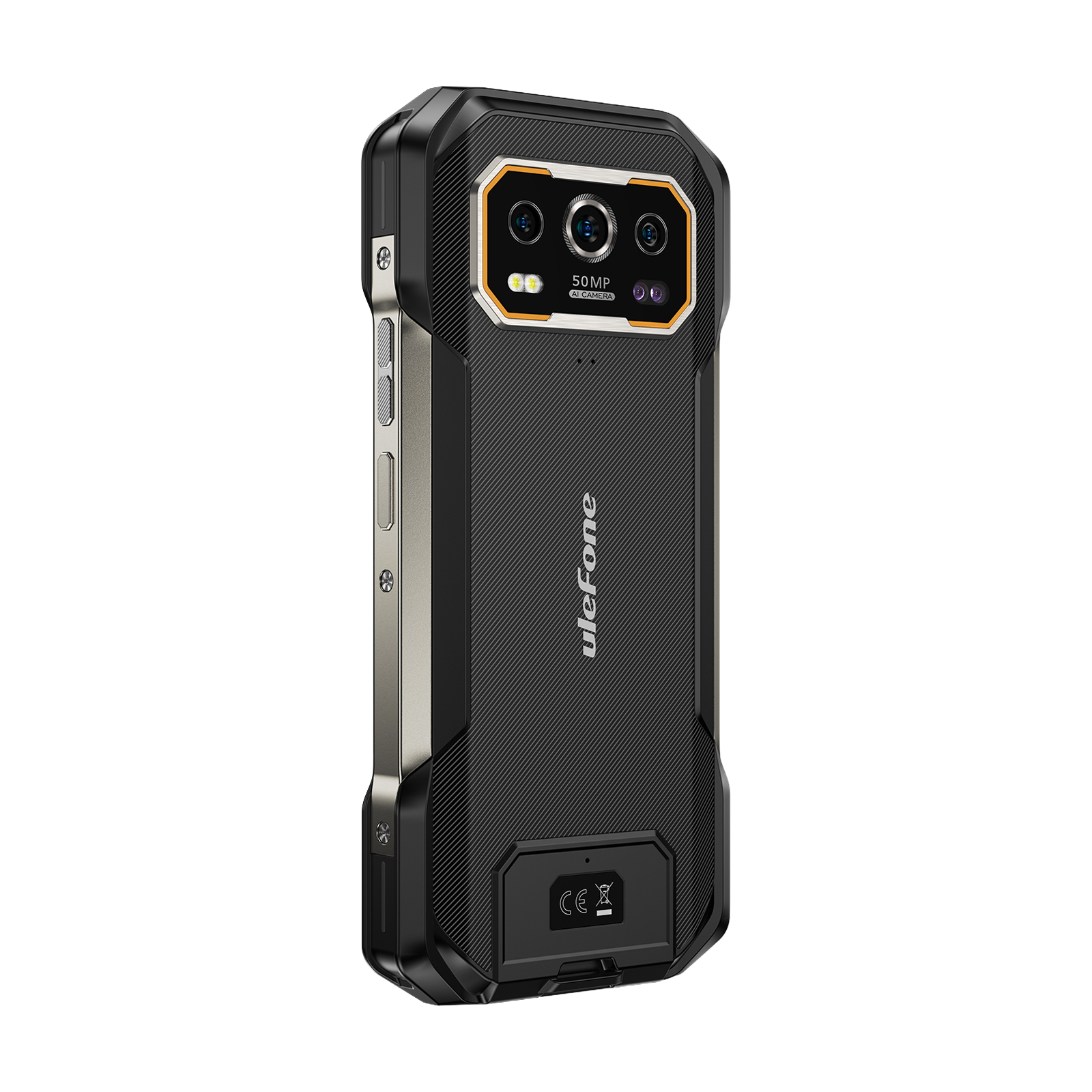 Retro di uno smartphone Ulefone nero con fotocamera AI da 50 MP e accenti arancioni.