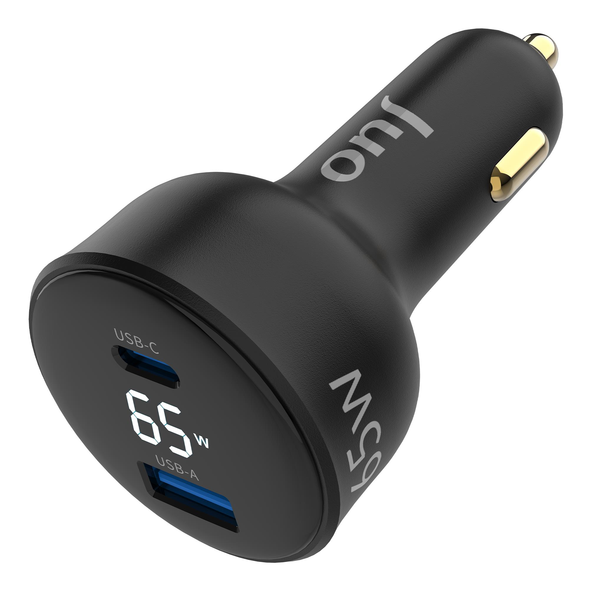 USB-C, USB-A bağlantı noktalarına ve "65W" ekrana sahip siyah araç şarj cihazı.