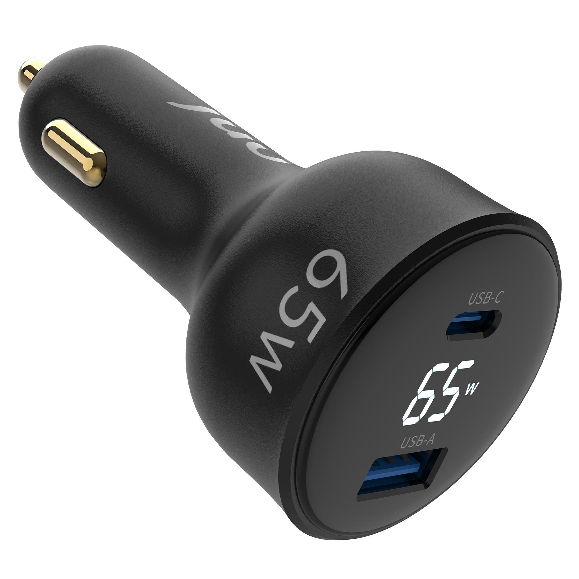 İki USB bağlantı noktasına ve 65W ekrana sahip siyah araç şarj cihazı.
