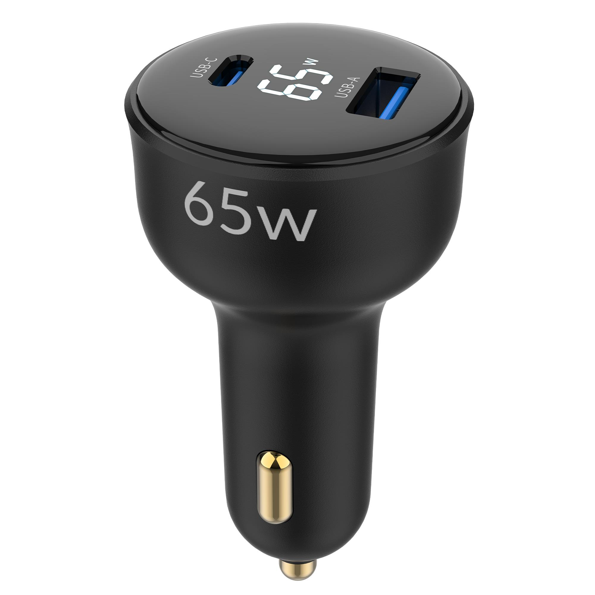 2 USB bağlantı noktalı, ekranlı ve 65W gücünde siyah araç şarj cihazı.