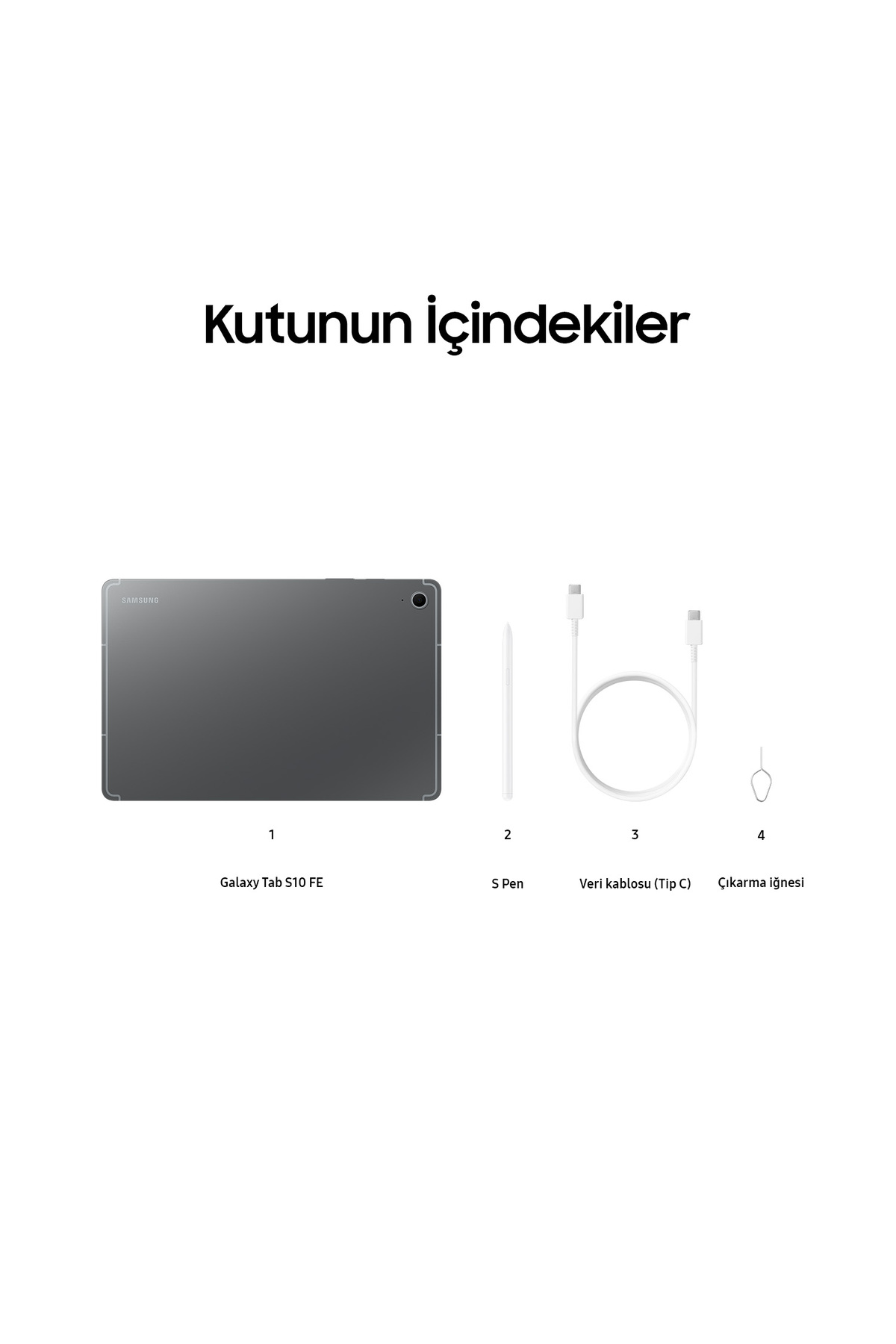 Gri Samsung Galaxy Tab S10 FE, S Pen, şarj kablosu ve çıkarma iğnesi içerir.