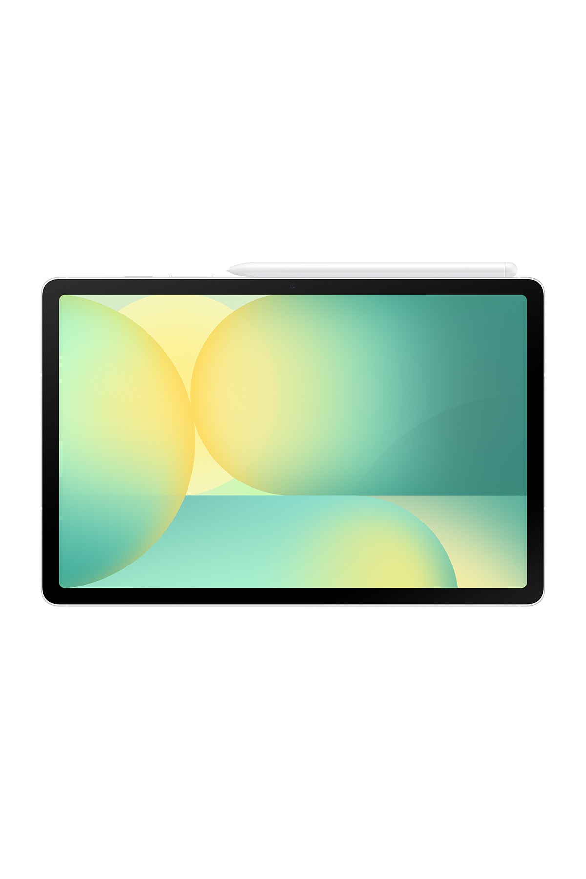 Kalemli beyaz tablet beyaz bir yüzeyde duruyor. Ekran sarı ve turkuaz gradyanı gösteriyor.