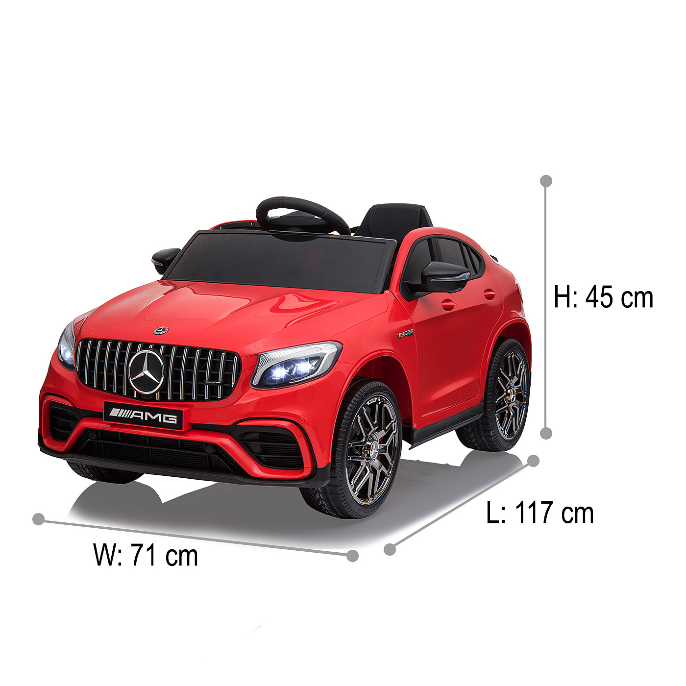 Roter Spielzeug-SUV mit Mercedes-AMG-Logo, Maße H: 45 cm, L: 117 cm, B: 71 cm.
