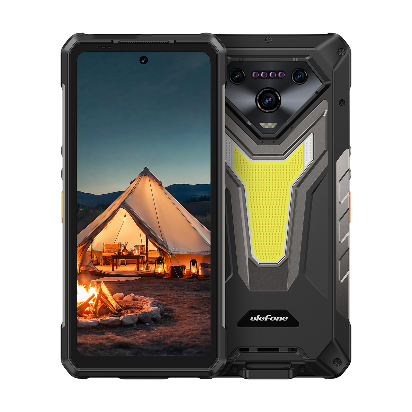 Smartphone robusto mostra scena campeggio con tenda e falò. Retro nero con fotocamere.
