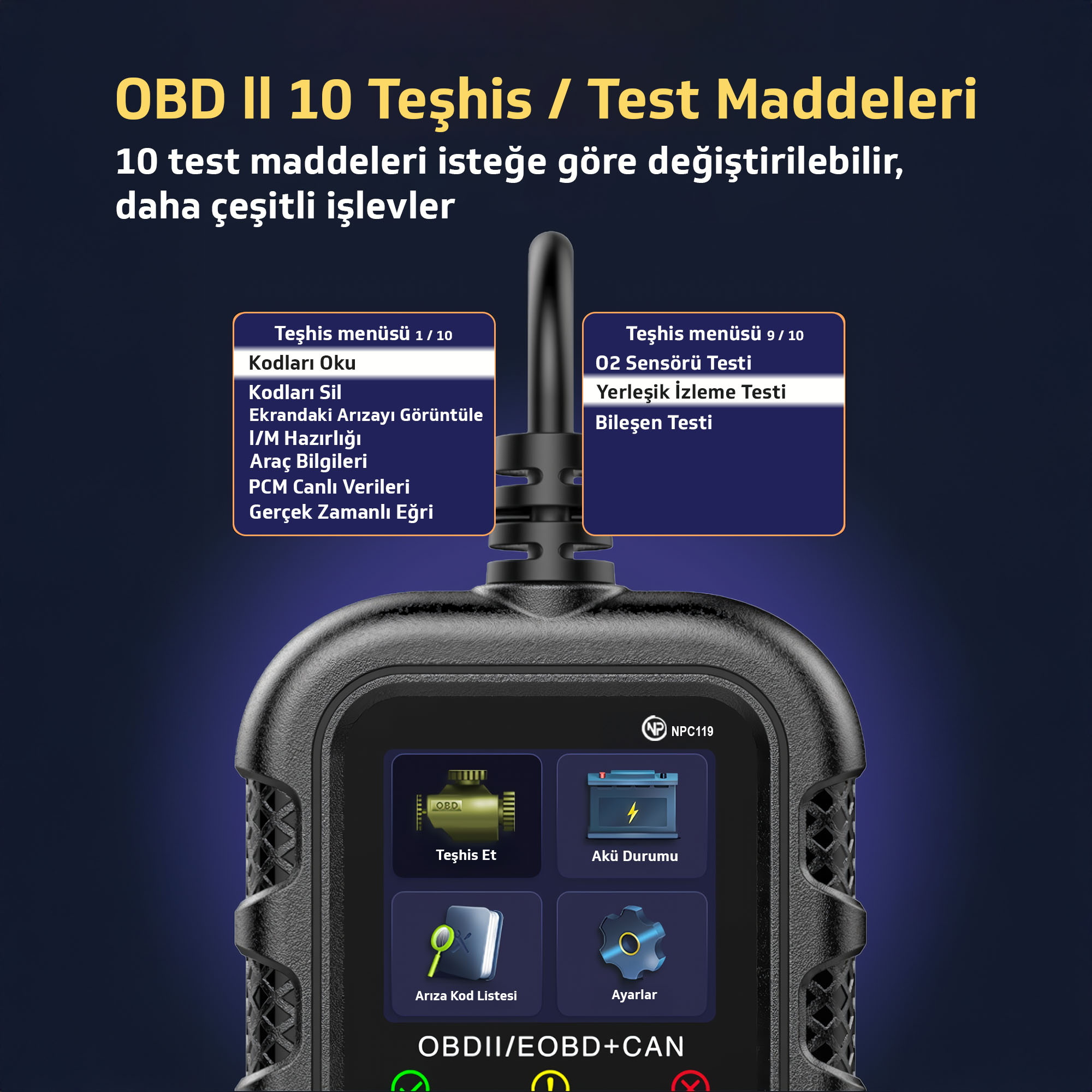 OBD II teşhis cihazı; kod okuma, silme, arıza görüntüleme, I/M hazırlık menüleri.