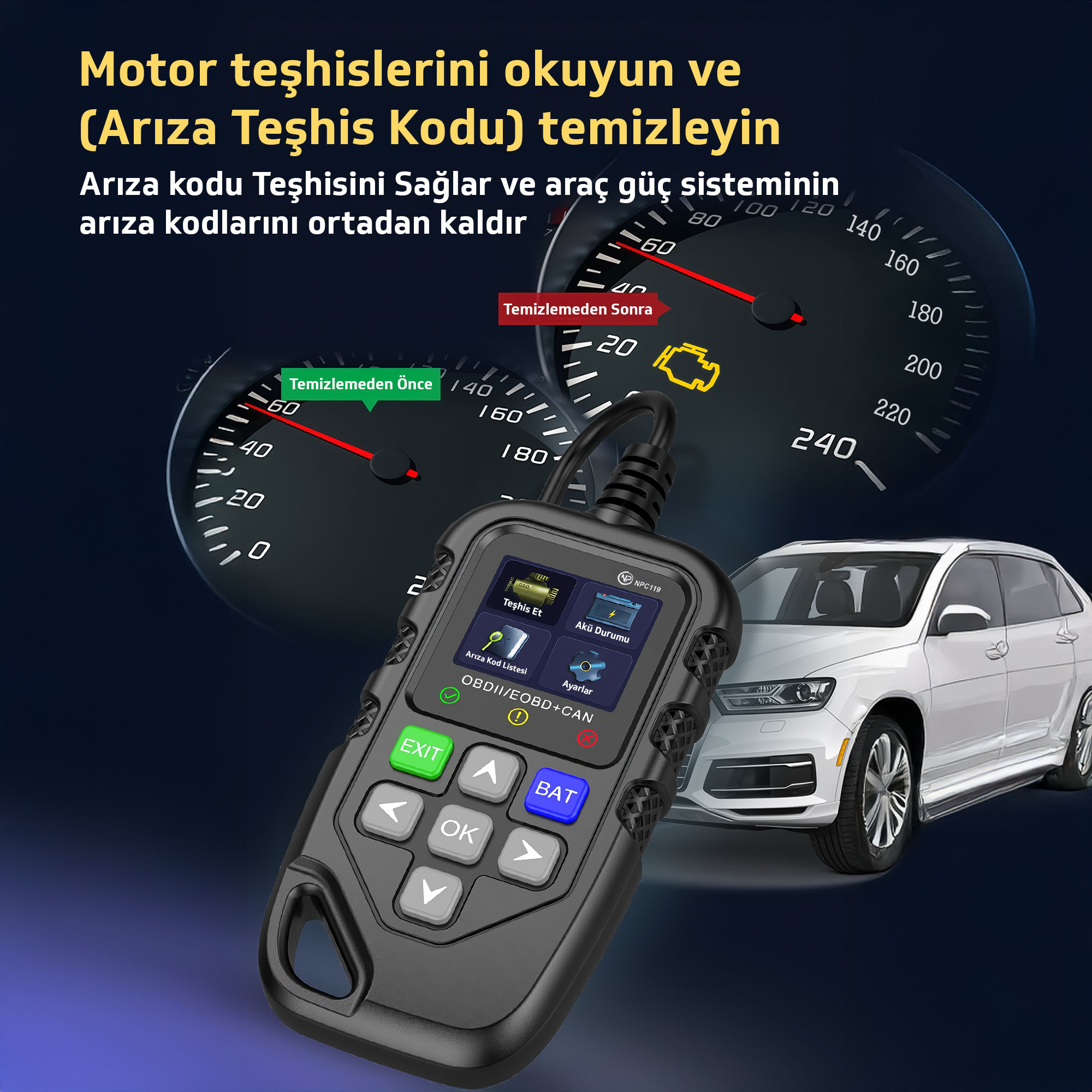 Araba gösterge paneli ve araba önünde bir teşhis aleti.