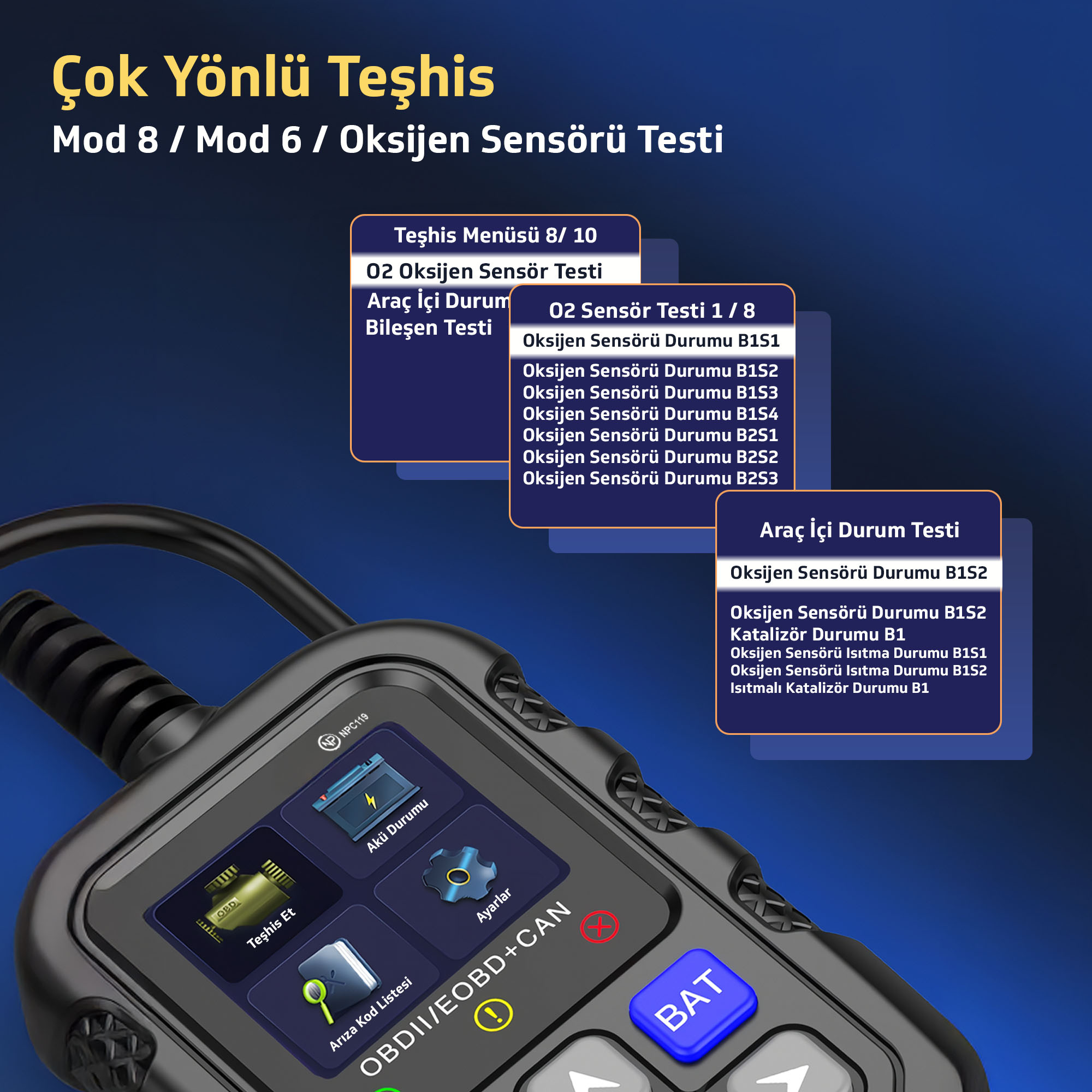 Bir teşhis aleti O2 sensör testleri ve araç verileri menülerini gösterir.