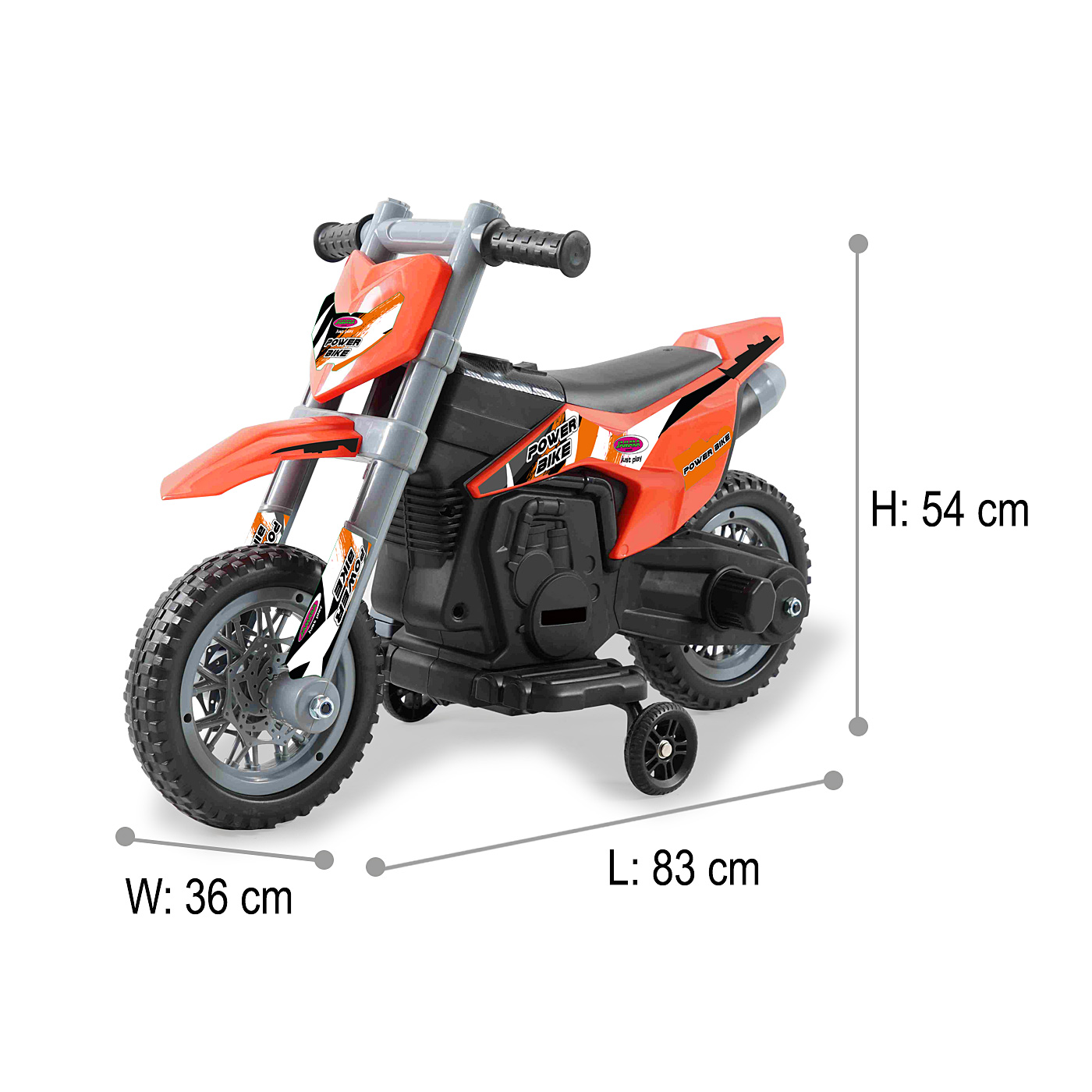 Ein orange-schwarzes Spielzeug-Motorrad mit Stützrädern, 83x36x54 cm.