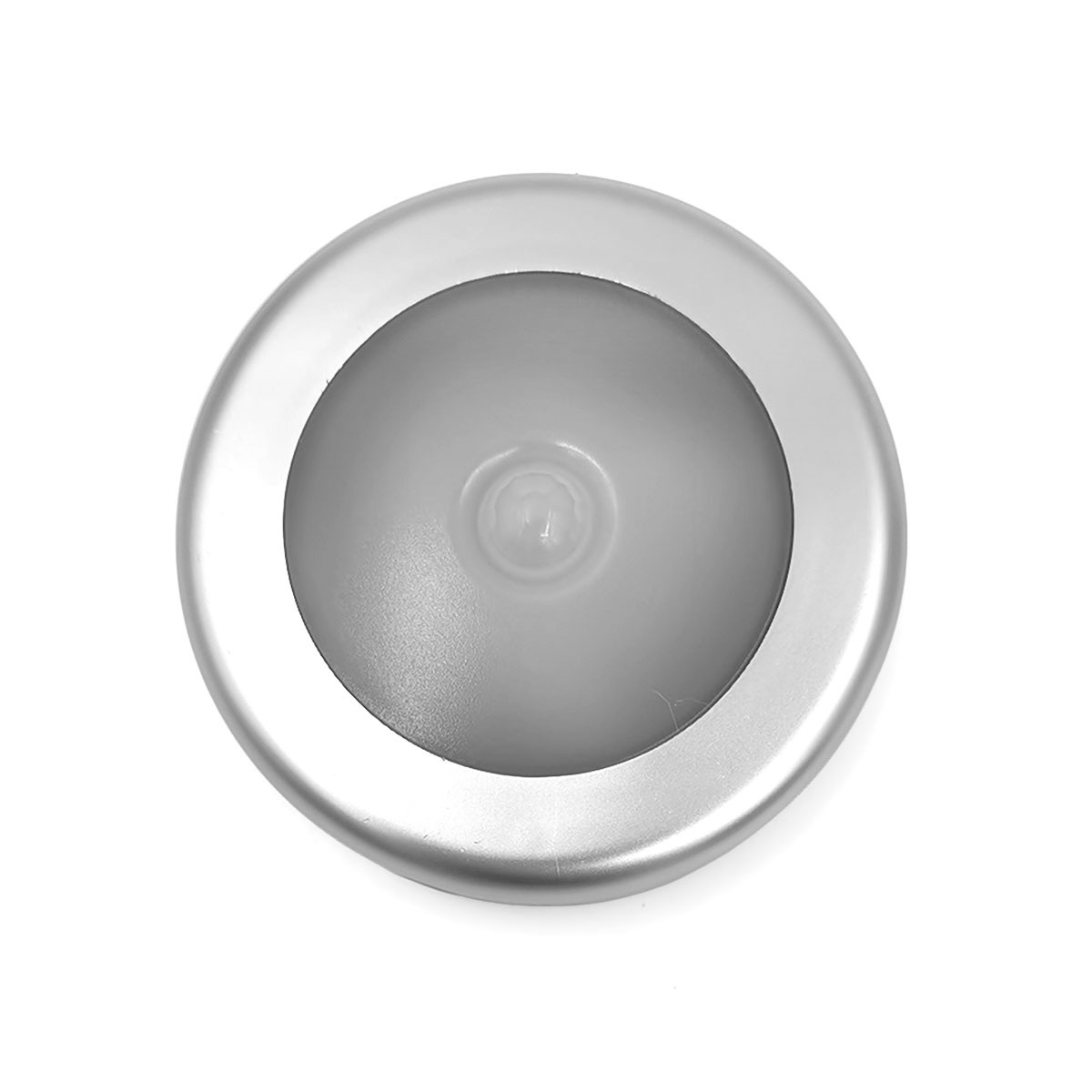 Silberne runde Lampe mit Bewegungssensor in der Mitte auf weißem Hintergrund.