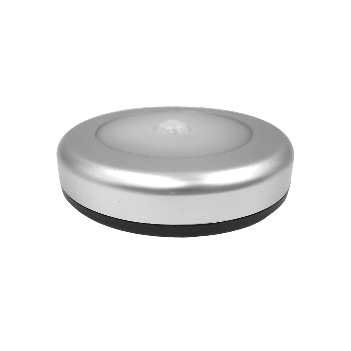 Silberne runde LED-Lampe mit schwarzem Sockel, weißem Licht.