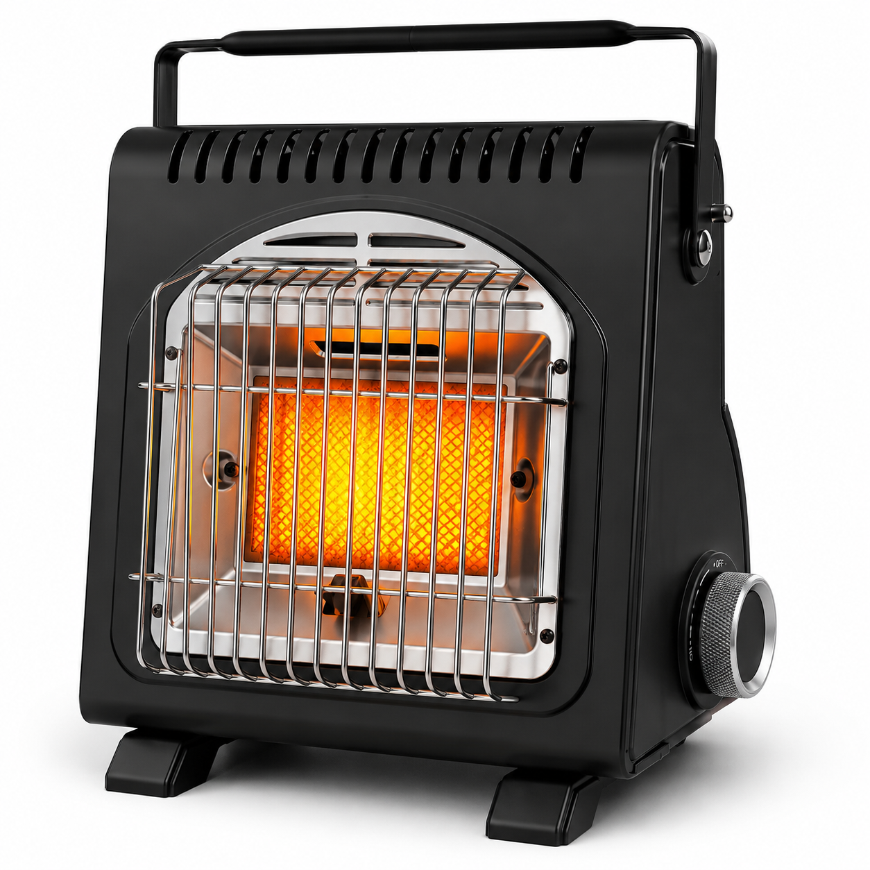 Ein schwarzer tragbarer Gasheizer mit Chromgrill und glühendem orangefarbenem Heizelement.