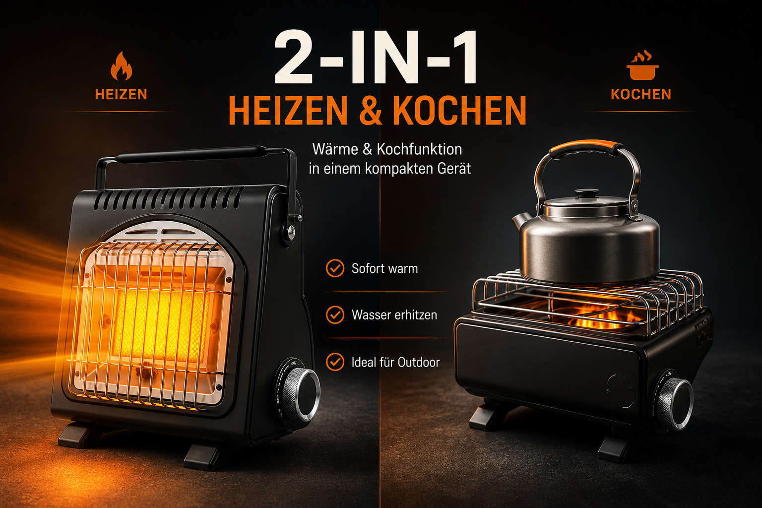 Ein 2-in-1 Gerät: Heizung und Kocher. Links brennt die Heizung, rechts kocht ein Wasserkocher.