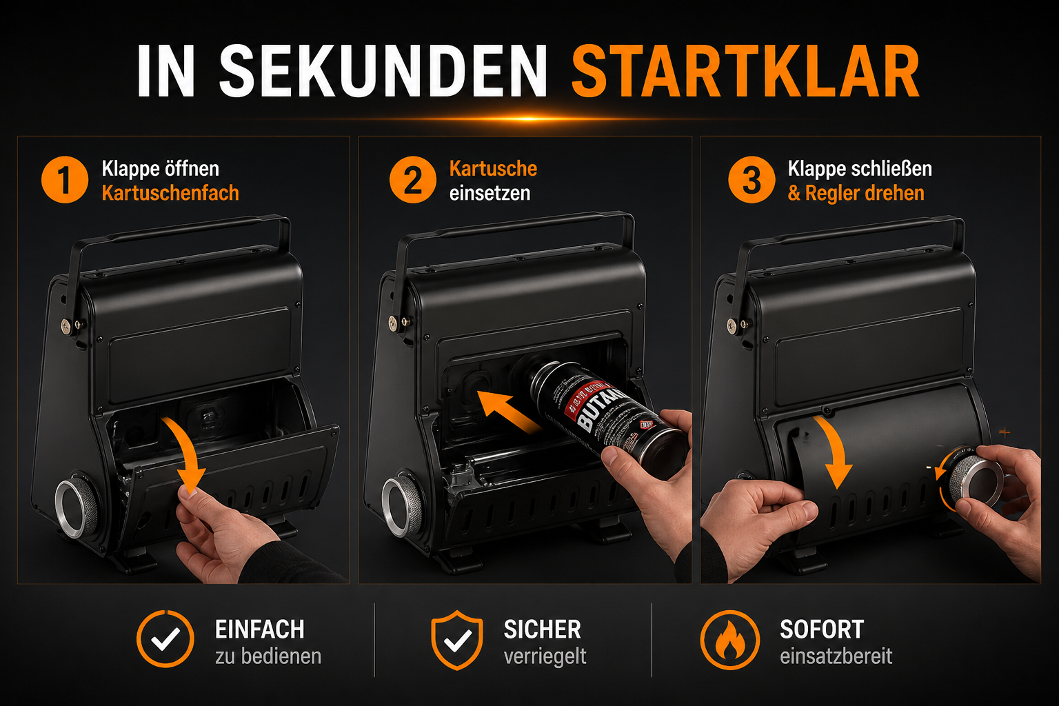 Schritt-für-Schritt-Anleitung zum Einsetzen einer Gaskartusche in ein Gerät.