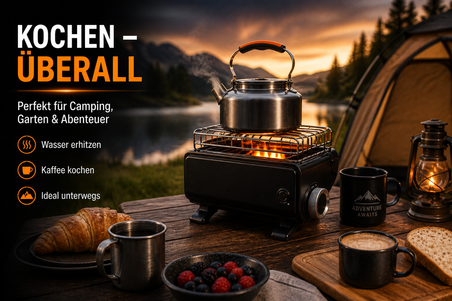 Campingkocher mit Kessel, Tassen, Brot und Beeren bei Sonnenuntergang.